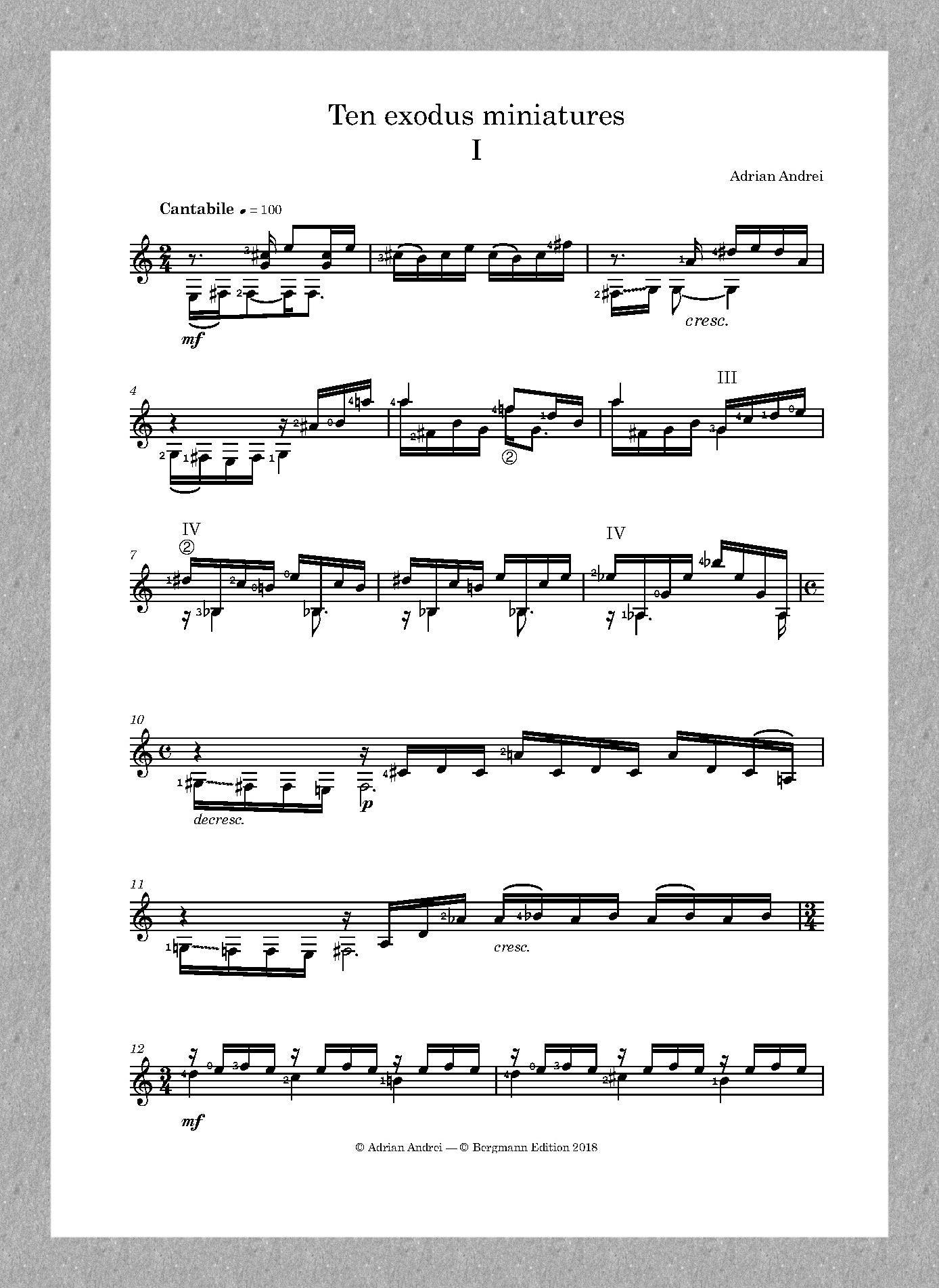 Adrian Andrei, Ten Exodus Miniatures, guitar score.