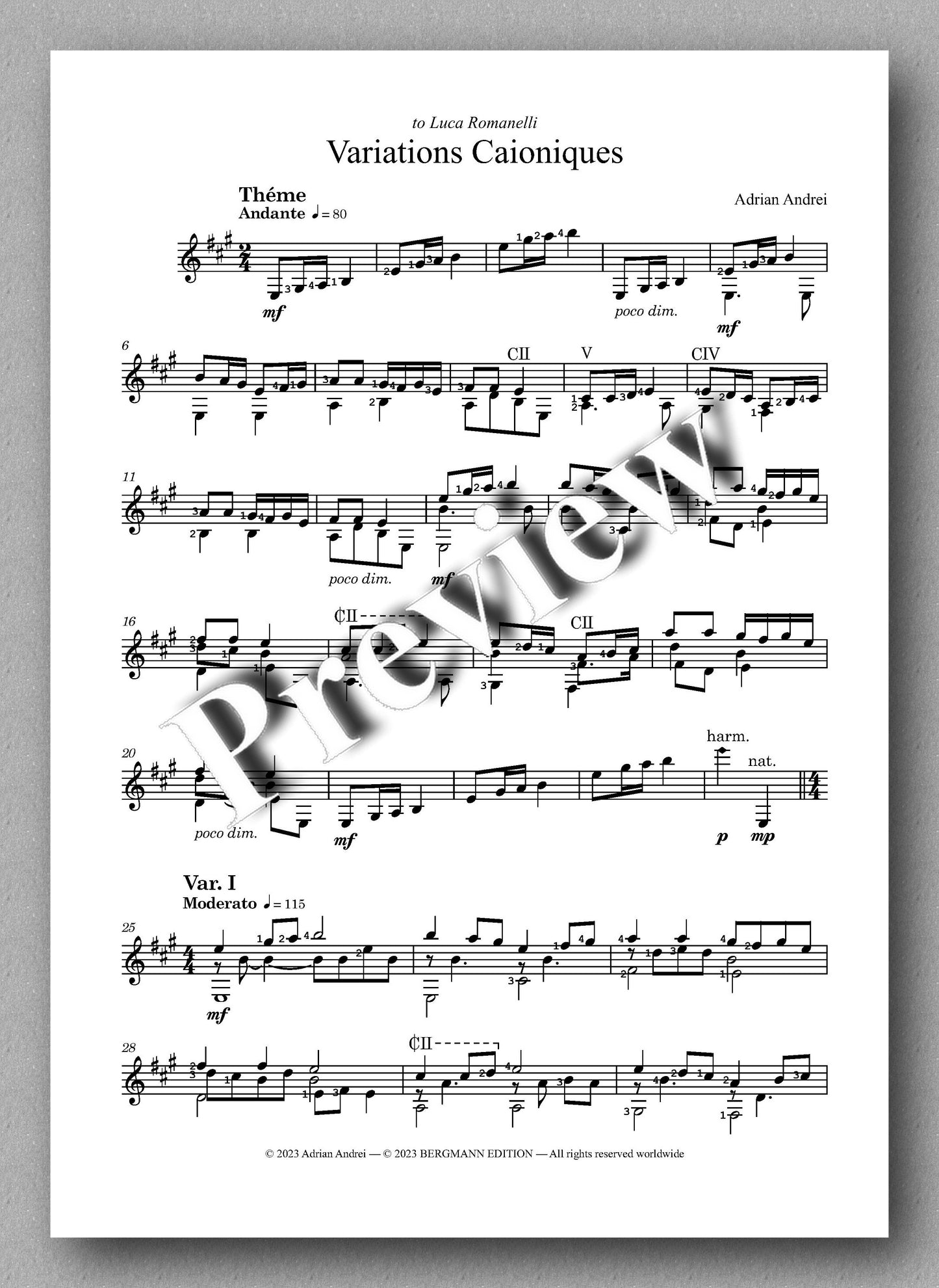 Adrian Andrei, Variations Caioniques - preview of the music score 1