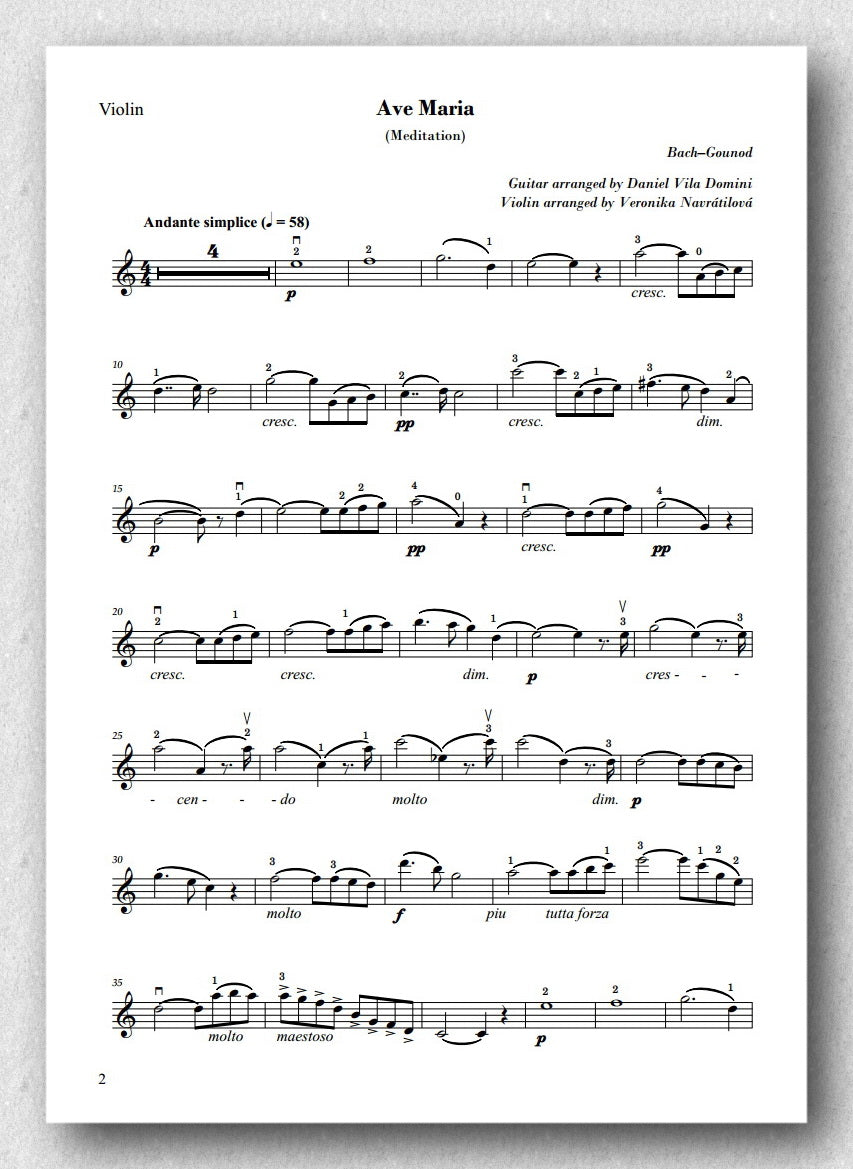 Bach–Gounod, Ave Maria arranged for guitar and violin, violin part.