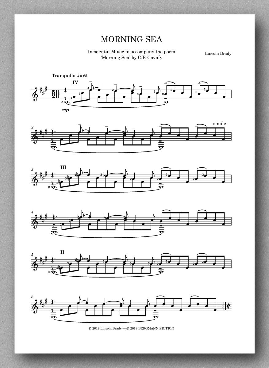 Lincoln Brady: Morning Sea, for solo guitar - preview of the score.