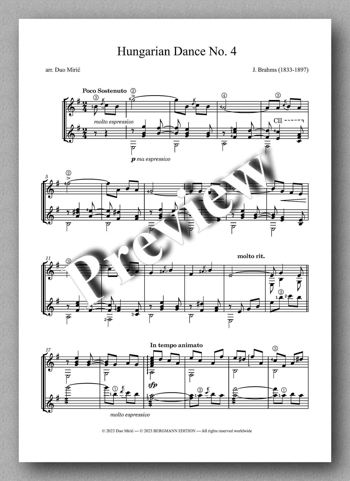 J. Brahms, Three Hungarian Dances, preview of the music score 1