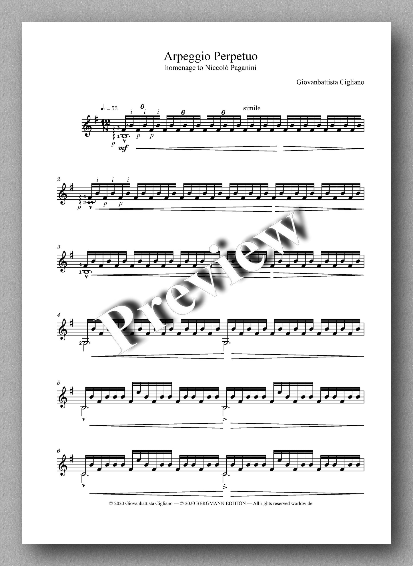 Giovanni Cigliano, Arpeggio Perpetuo, homenage to Niccolò Paganini - preview of the music score 1