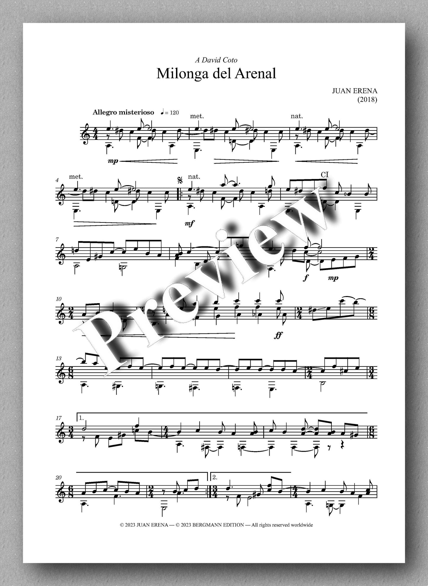 Juan Erena, Milonga del Arenal - preview of the music score