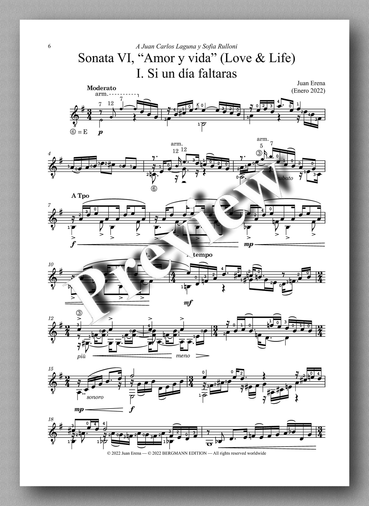 Juan Erena, Sonata VI, “Amor y vida” (Love & Life) - preview of the music score 1