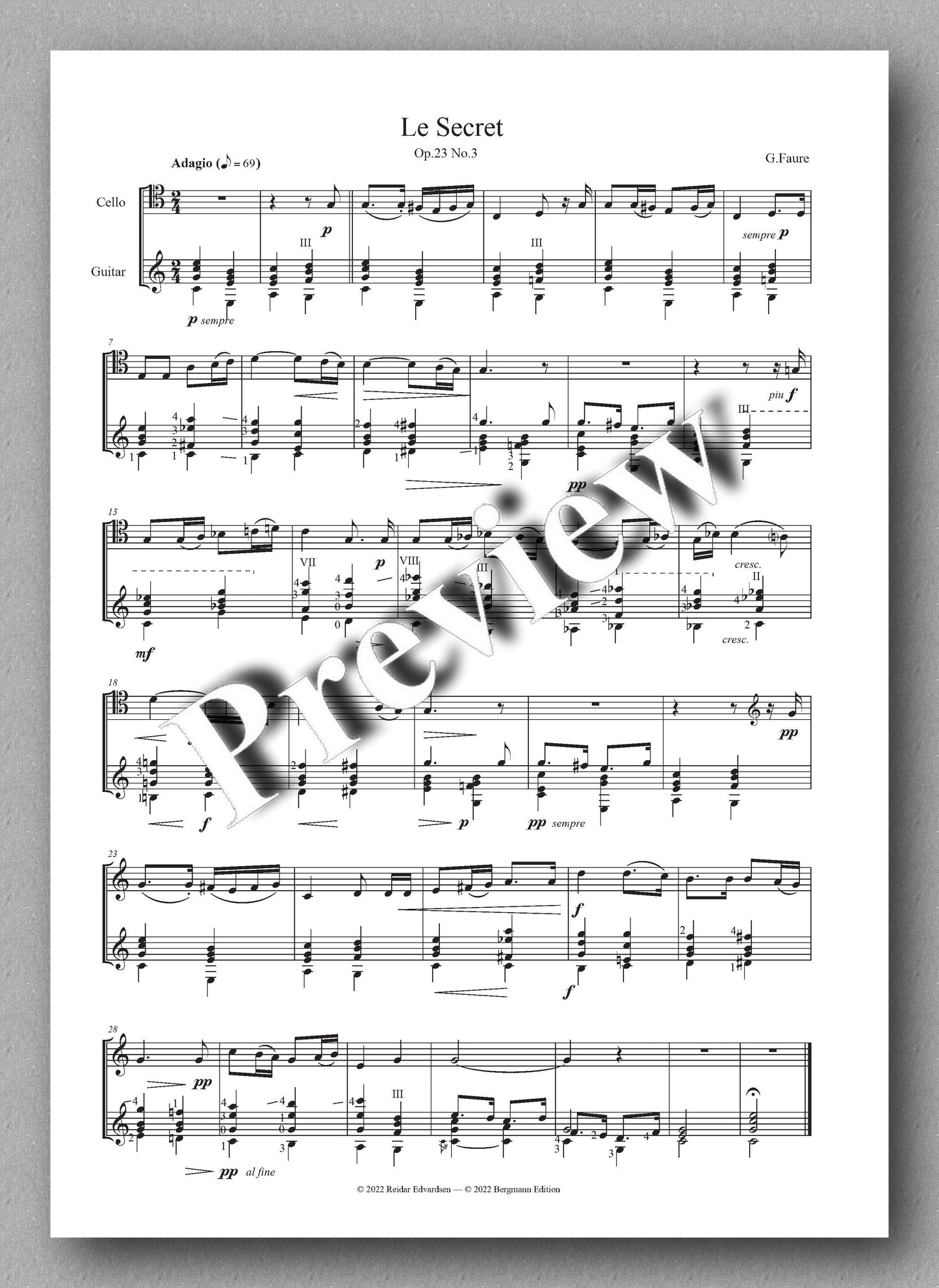 GABRIEL FAURÉ, Five Melodies for Cello & Guitar - music score 1