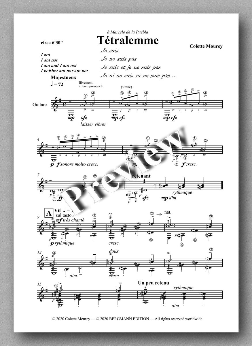 Colette Mourey, Tétralemme - preview of the music score 1