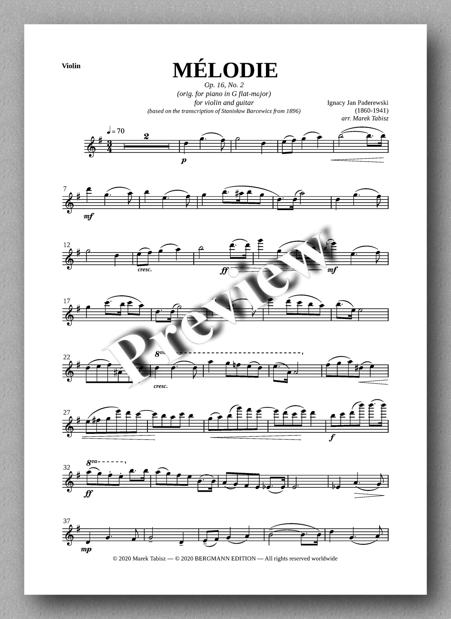 IGNACY JAN PADEREWSKI, MÉLODIE OP. 16, № 2 - preview of the violin part