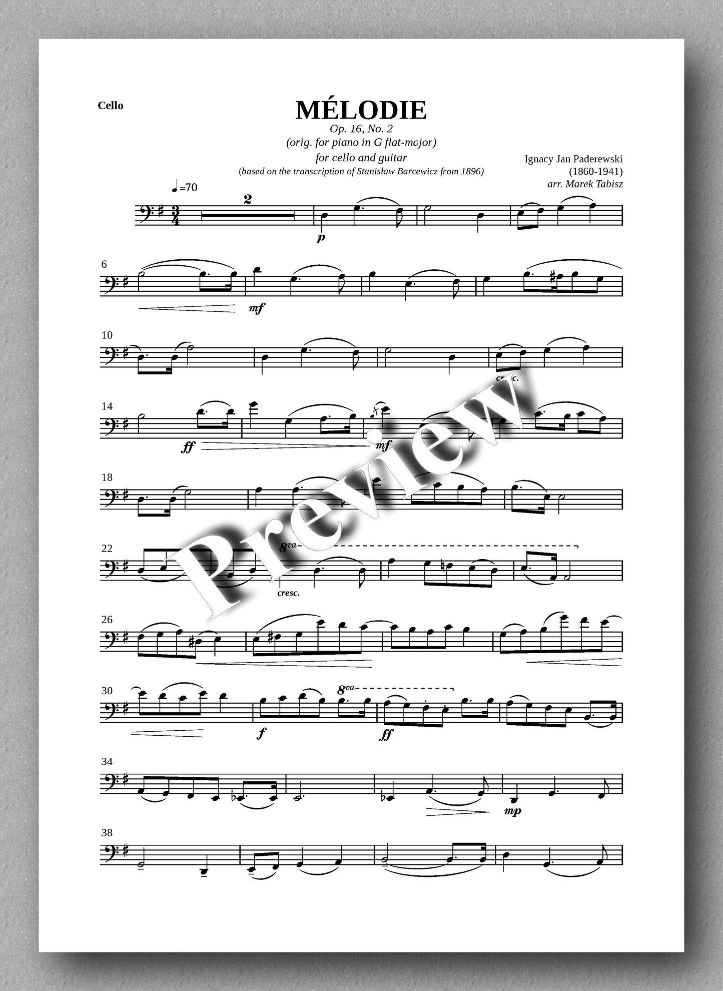 IGNACY JAN PADEREWSKI, MÉLODIE OP. 16, № 2 - preview of the cello part