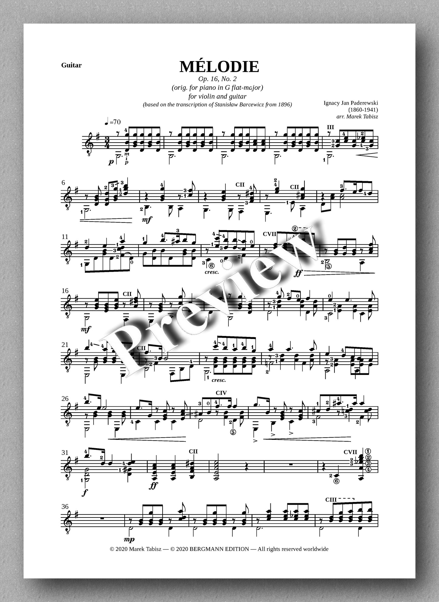 IGNACY JAN PADEREWSKI, MÉLODIE OP. 16, № 2 - preview of the guitar part