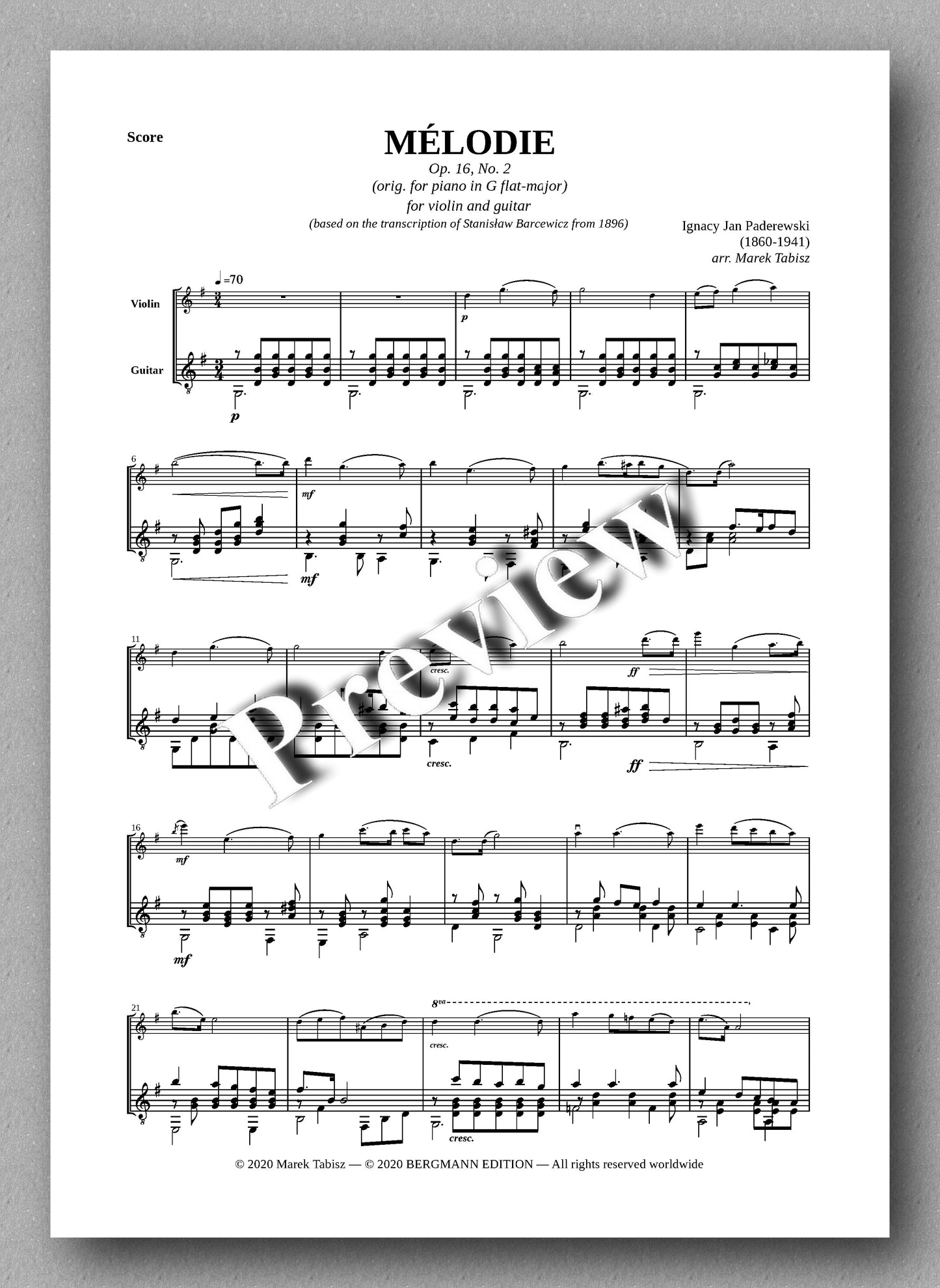 IGNACY JAN PADEREWSKI, MÉLODIE OP. 16, № 2 - preview of the music score