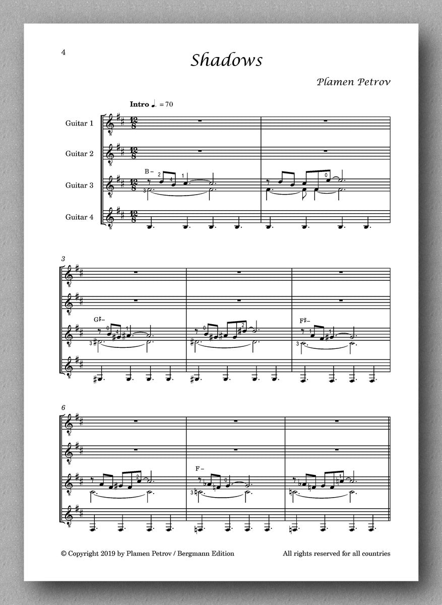Petrov, Shadows, guitar quartet 6 - preview of the score 1