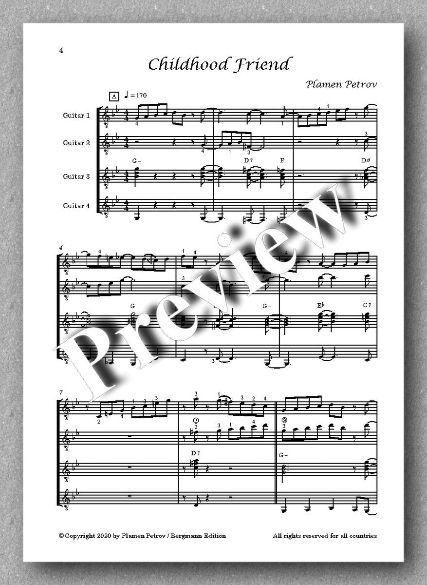 Childhood Friend, guitar quartet no. 14 by Plamen Petrov - preview of the music score