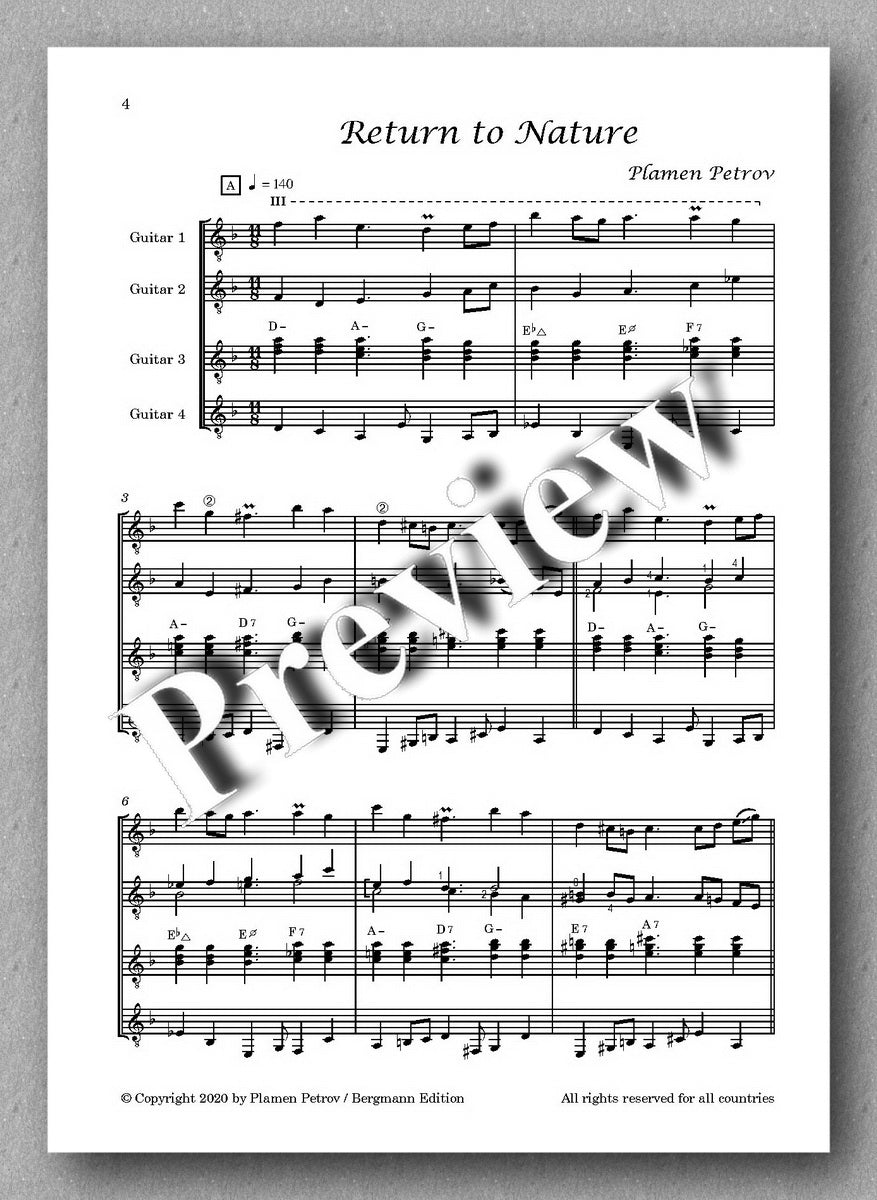 Return to Nature, guitar quartet no. 13 by Plamen Petrov - preview of the music score 1