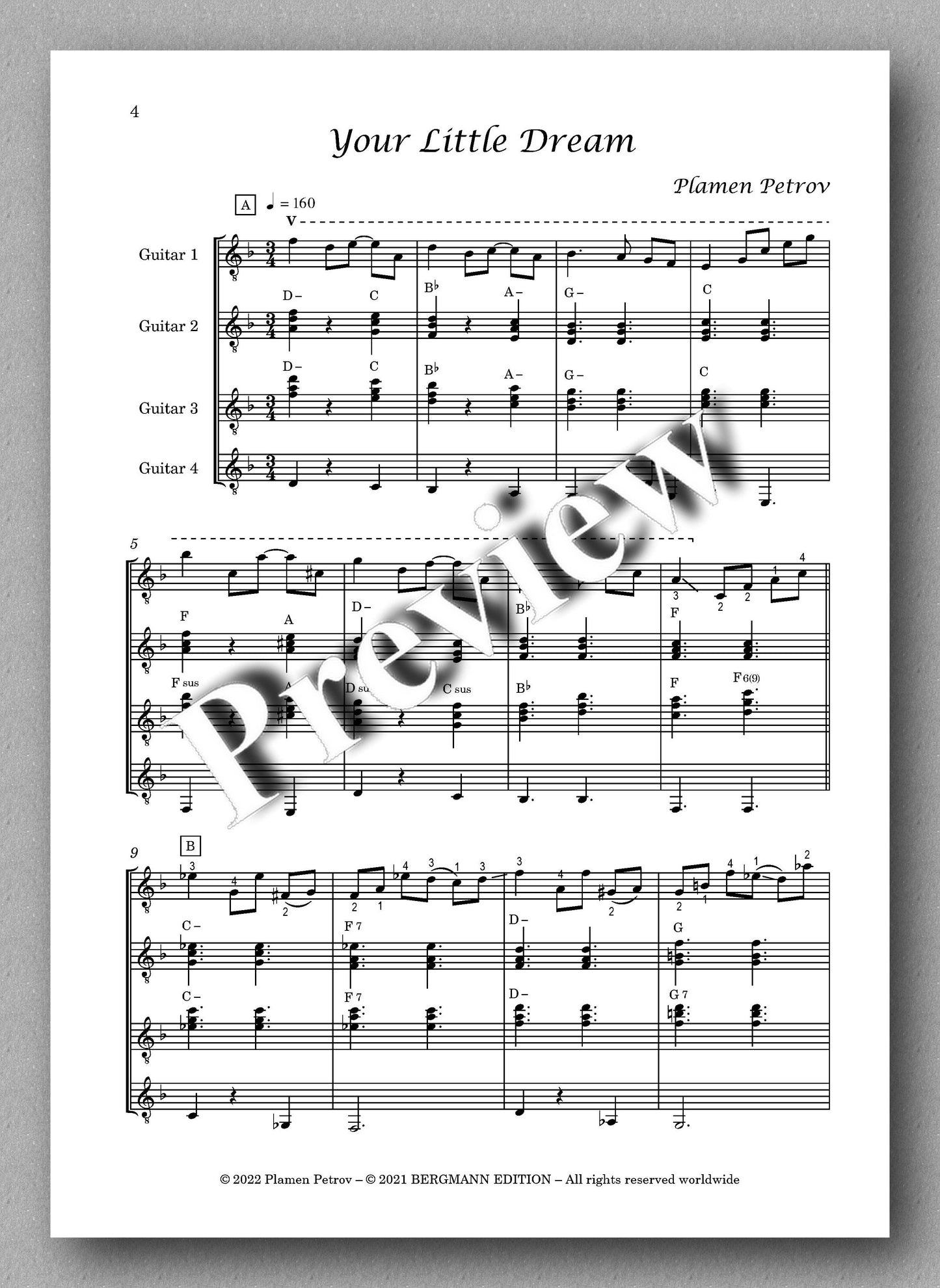 Your Little Dream, guitar quartet no. 21 by Plamen Petrov - Music scoore 1
