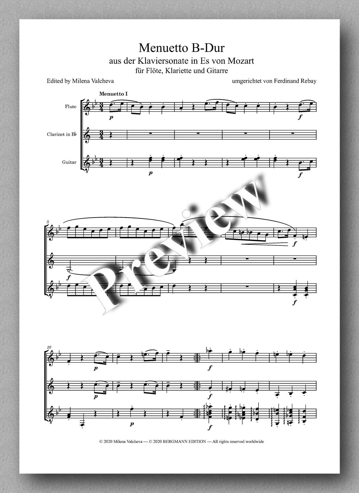 Rebay [161], Menuetto B-Dur aus der Klaviersonate in Es von Mozart - music score 1