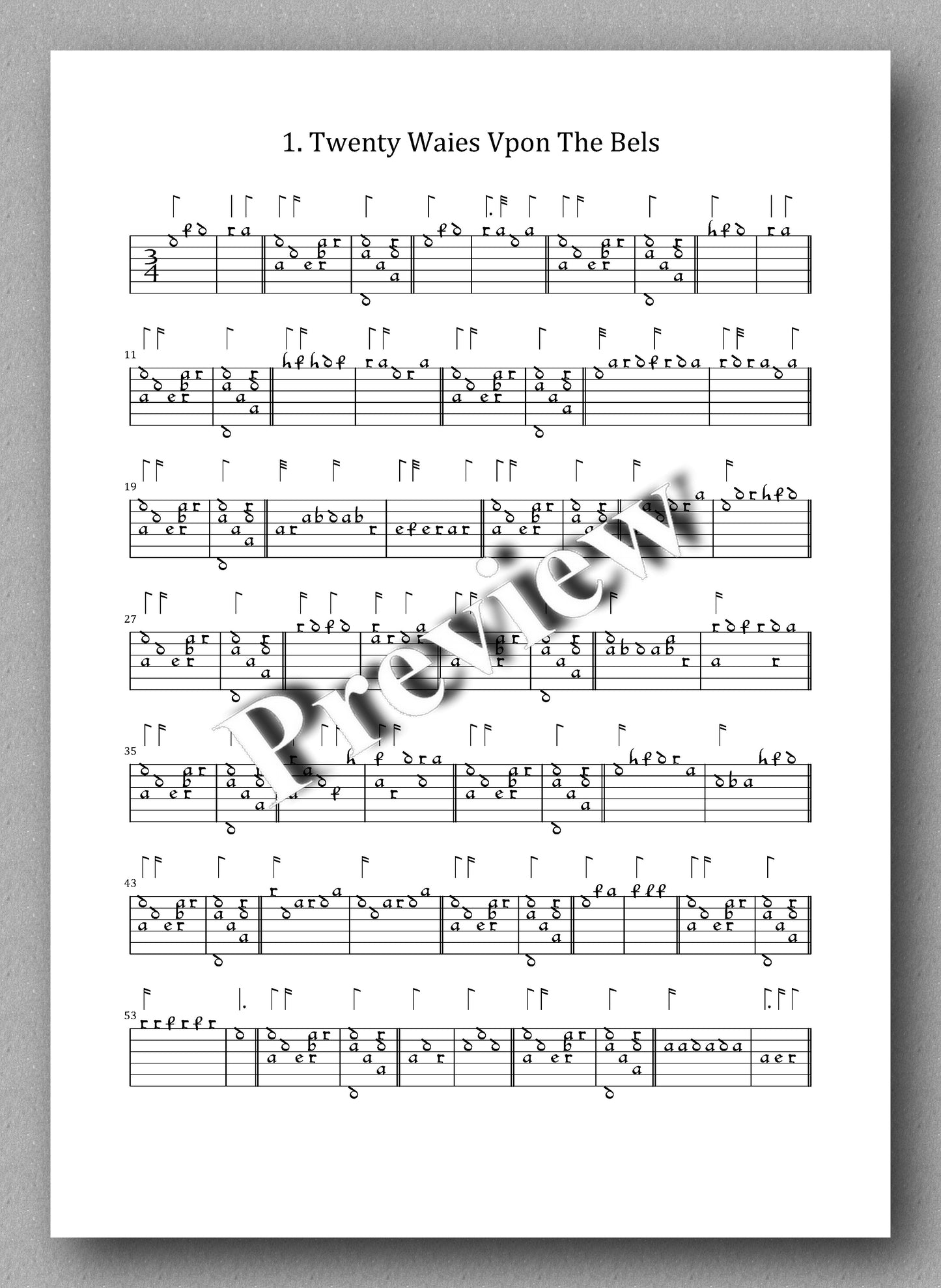 Thomas Robinson, Six Duets - preview of the tablature for lute.