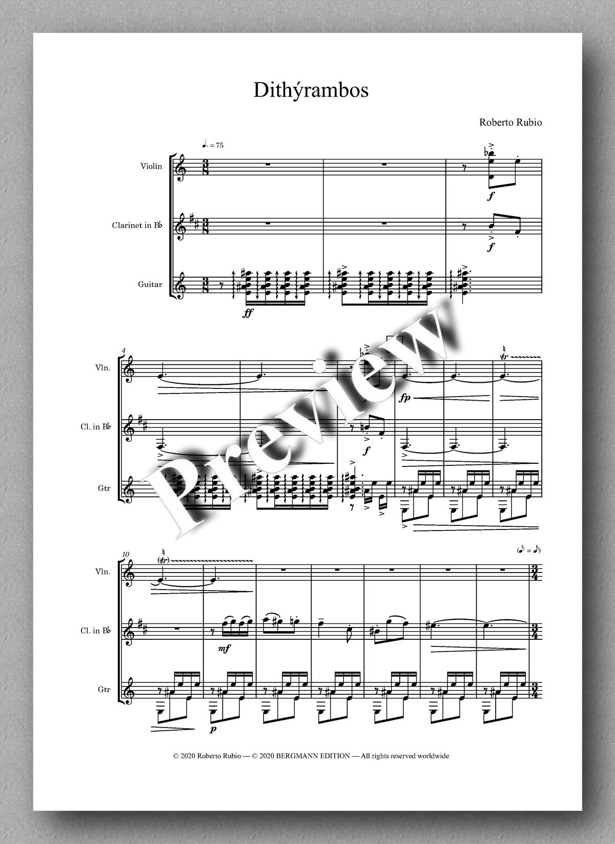 DITHÝRAMBOS for violin, clarinet in Bb, and guitar by Roberto Rubio - preview of the full score 1