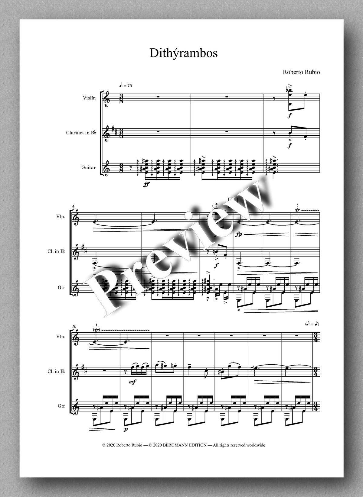 DITHÝRAMBOS  for violin, clarinet in Bb, and guitar by Roberto Rubio - preview of the full score 1