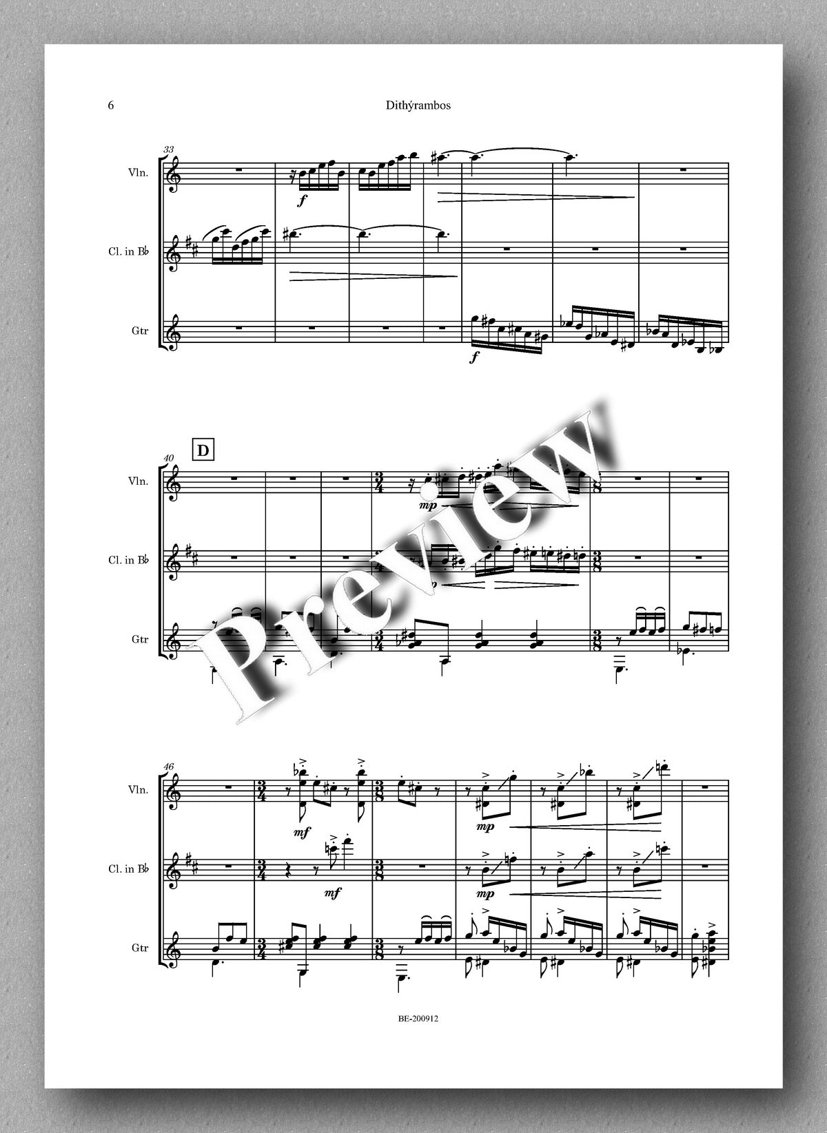 DITHÝRAMBOS  for violin, clarinet in Bb, and guitar by Roberto Rubio - preview of the full score 3