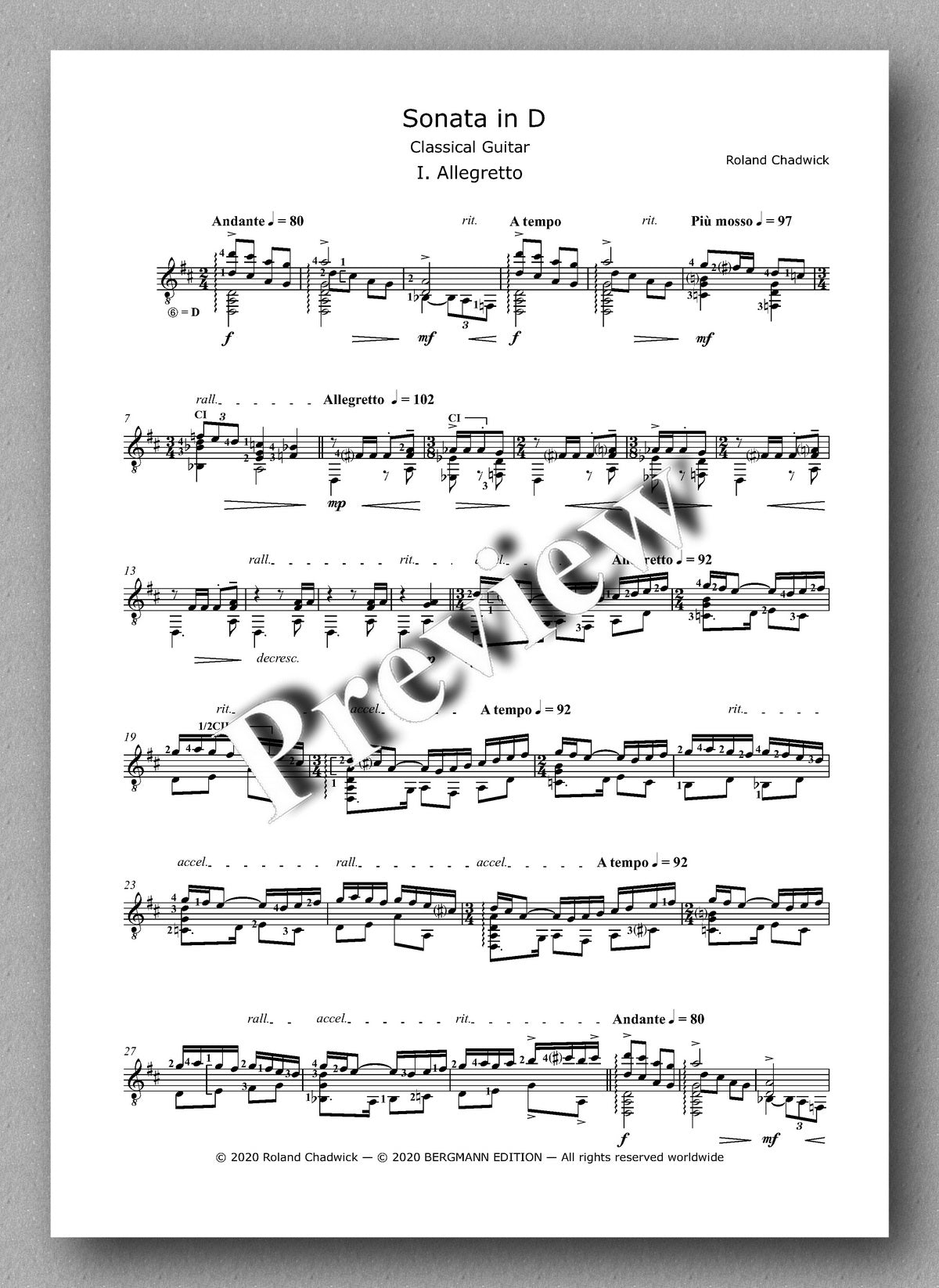 Roland Chadwick, Sonata in D - preview of the music score 1