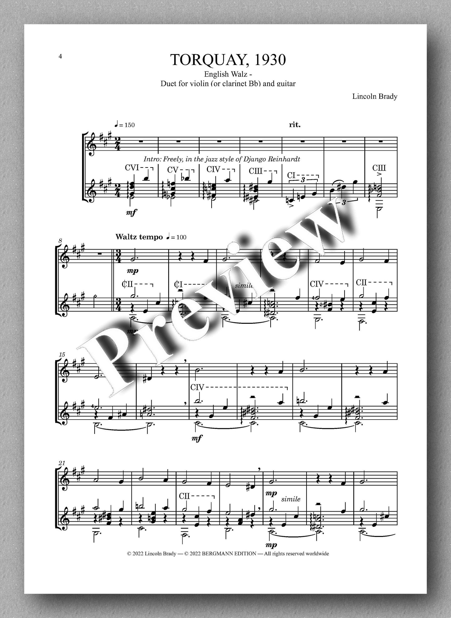 Lincoln Brady:  "TORQUAY, 1030"(DUET) - Music score