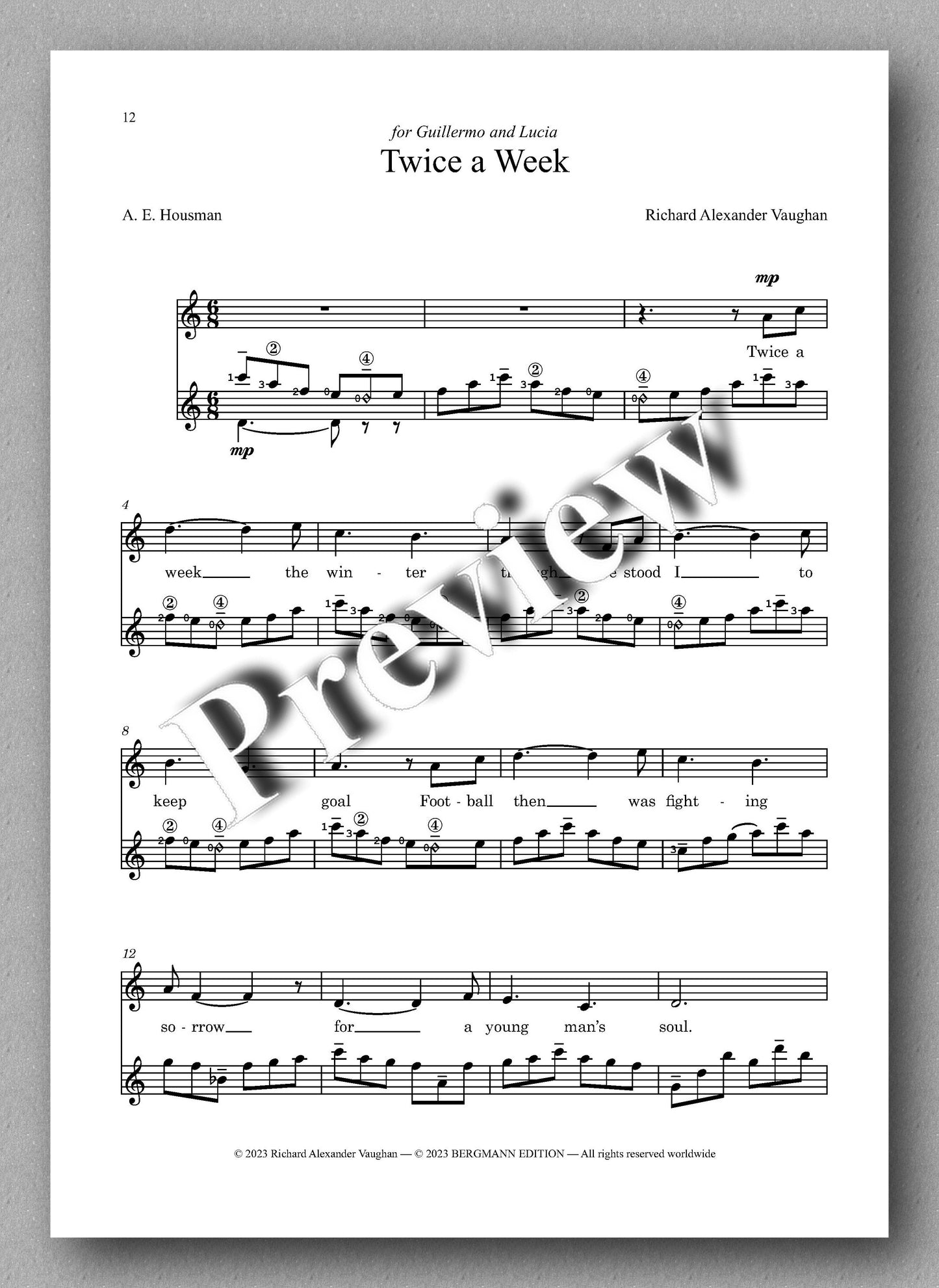 Richard A. Vaughan, Three Songs to Poems by A. E. Housman - preview of the music score 3