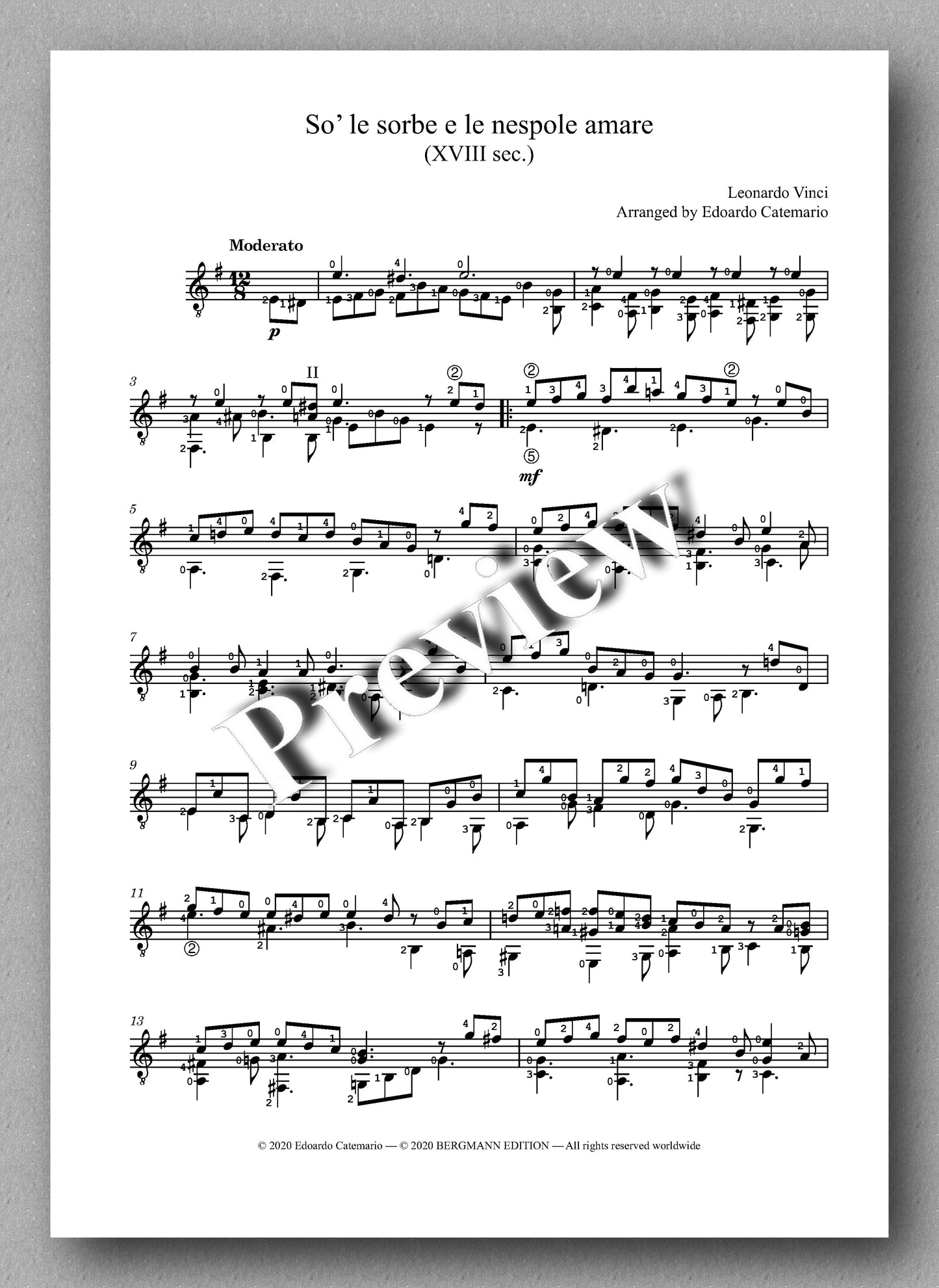 Leonardo Vinci, So’ le sorbe e le nespole amare - preview of the music score