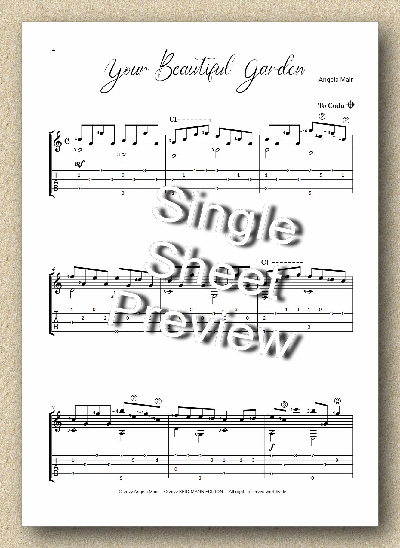 Angela Mair, Your Beautiful Garden (score and TAB)