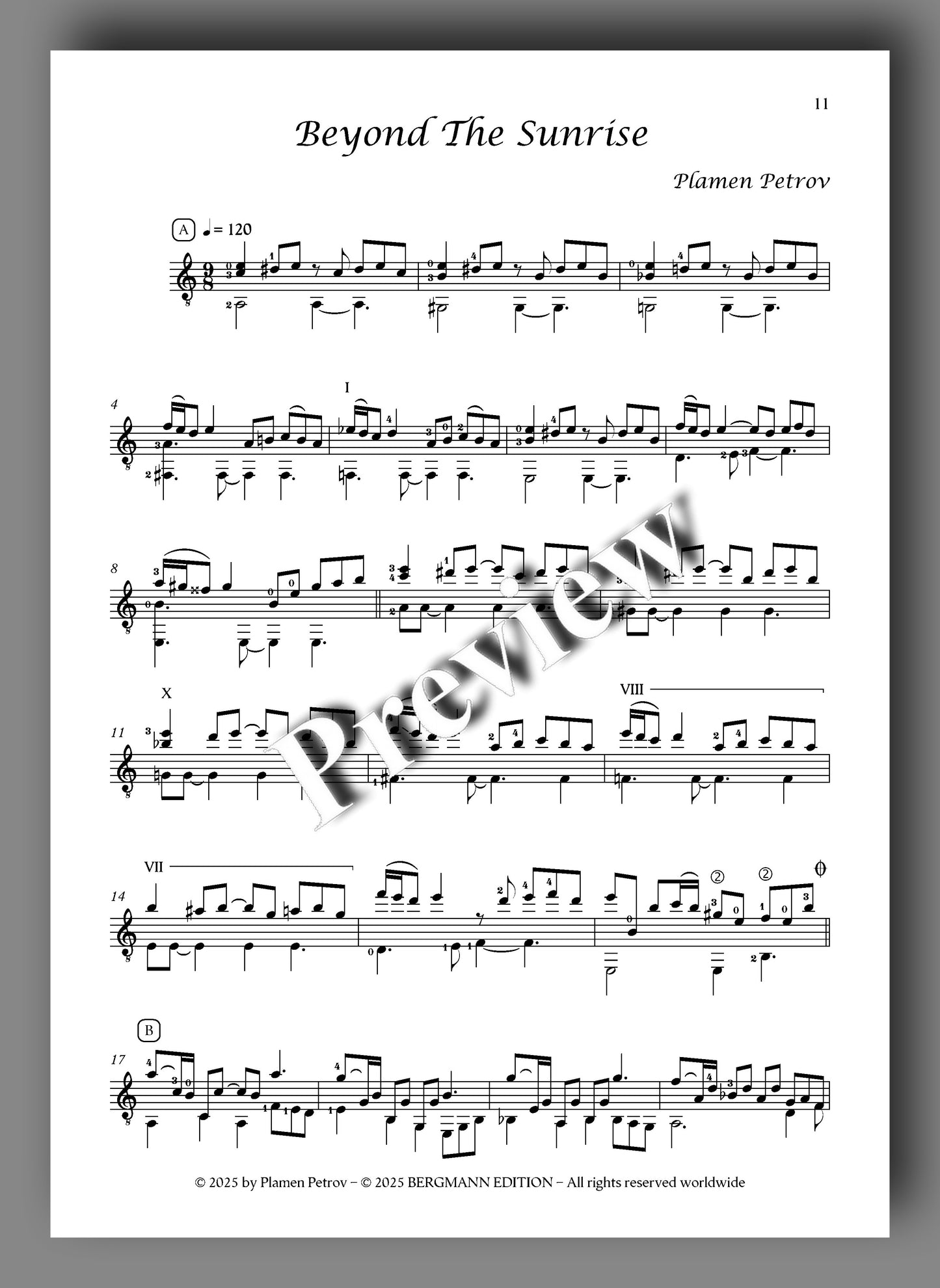 Sheet music for 'Beyond The Sunrise' by Plamen Petrov with a 'Preview' watermark.