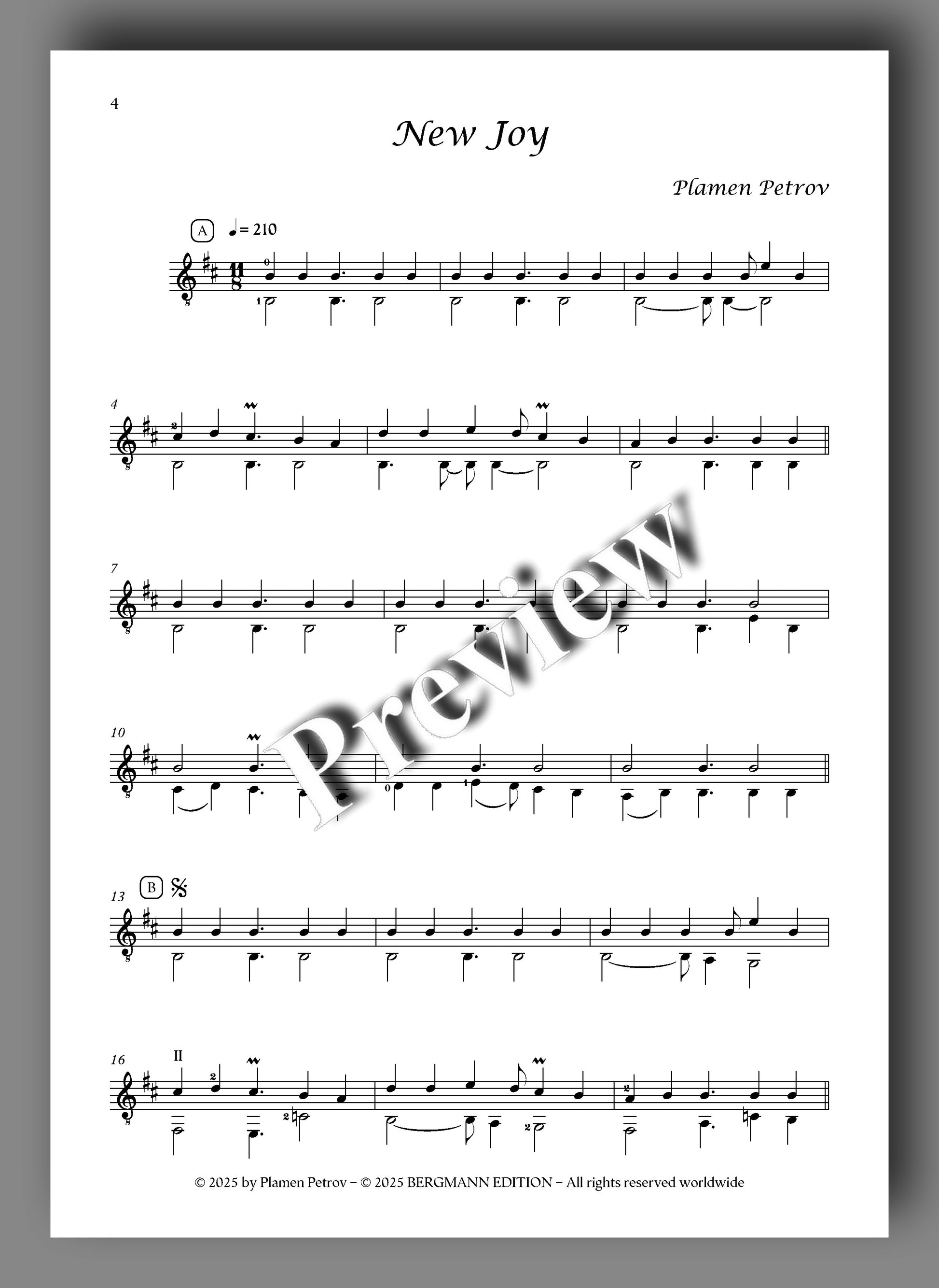 Sheet music for 'New Joy' by Plamen Petrov with a 'Preview' watermark.