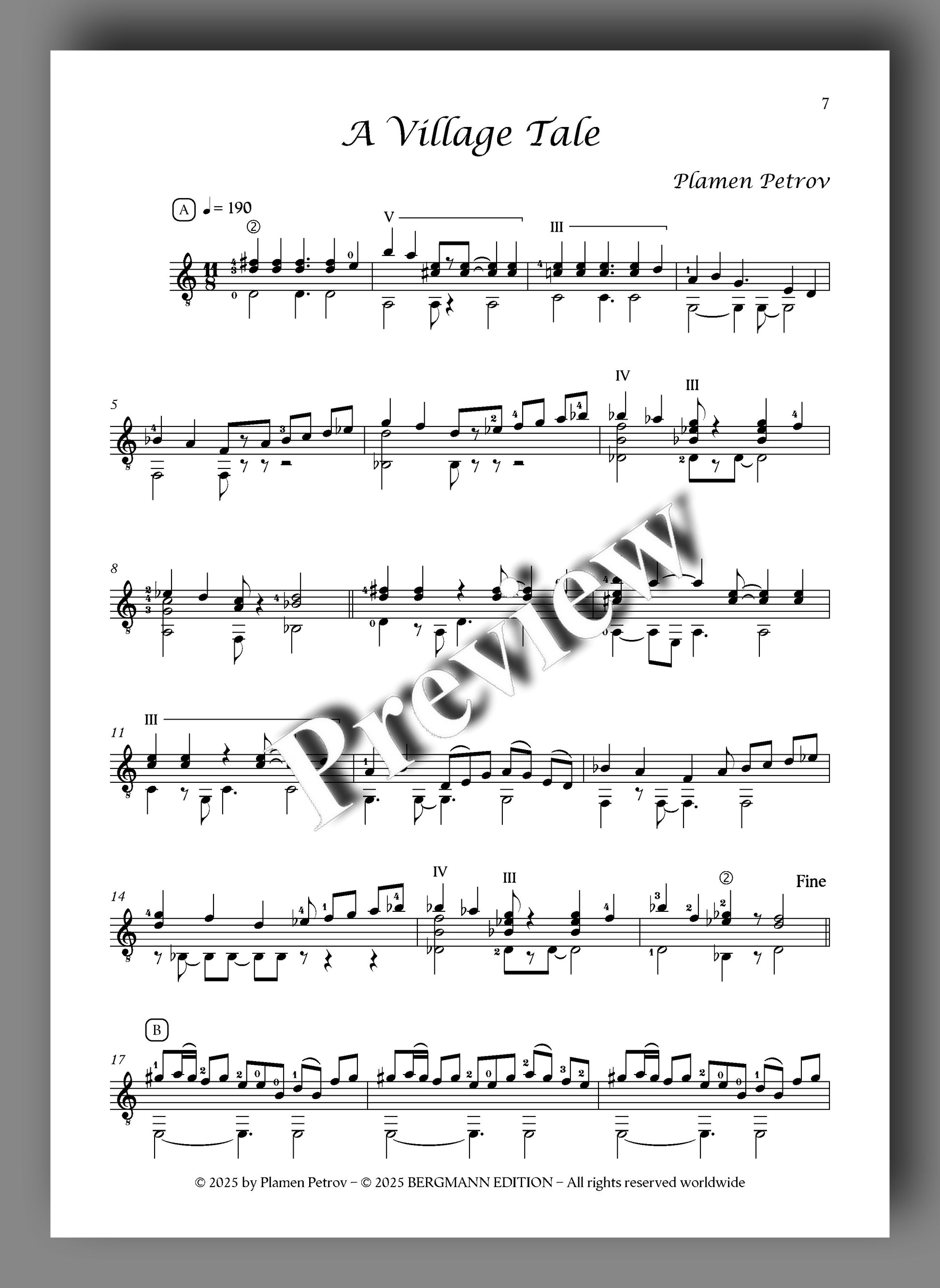 Sheet music for 'A Village Tale' by Plamen Petrov with a 'Preview' watermark.