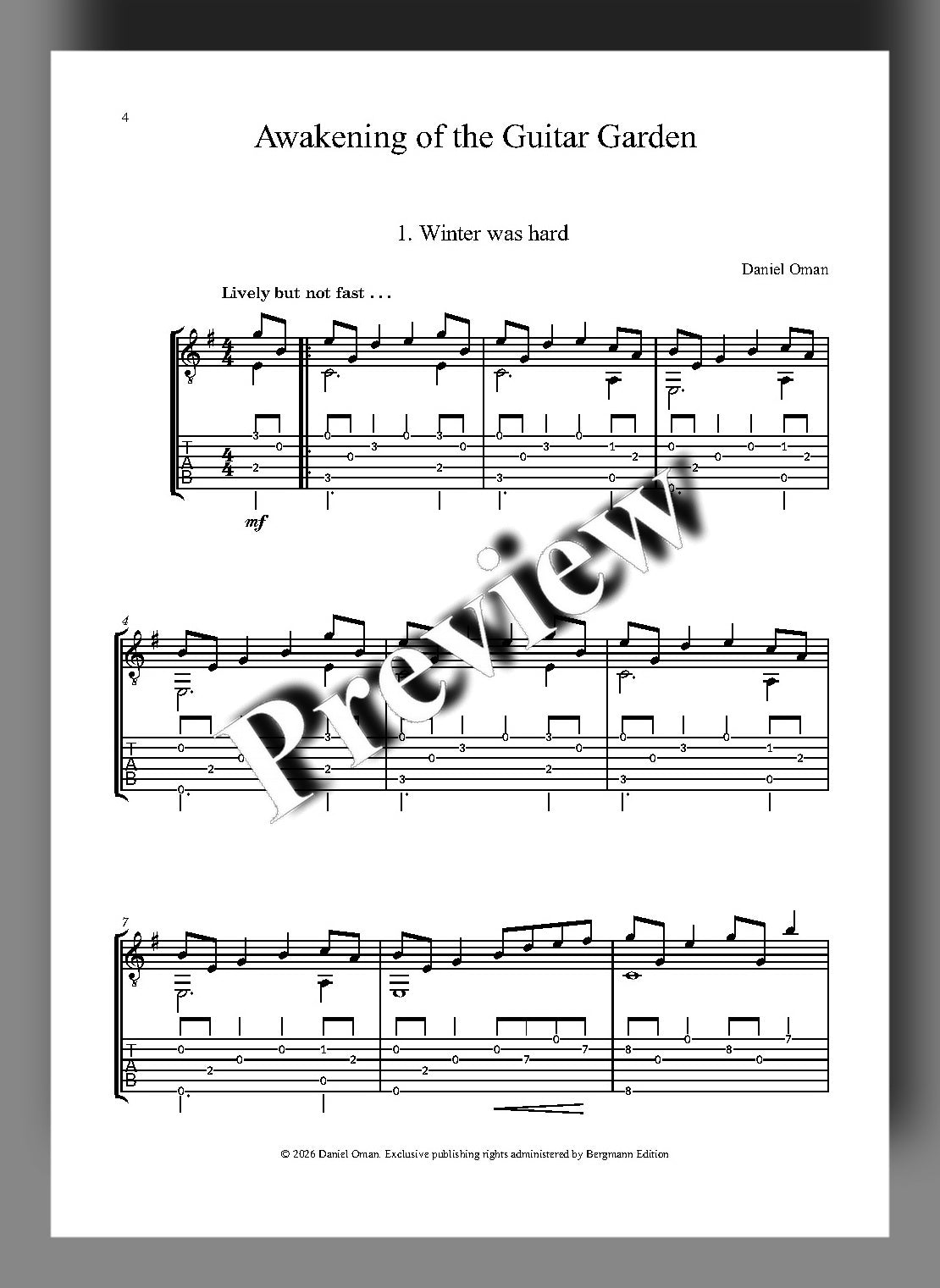 Sheet music for 'Awakening of the Guitar Garden (TAB)' with musical notation and text.