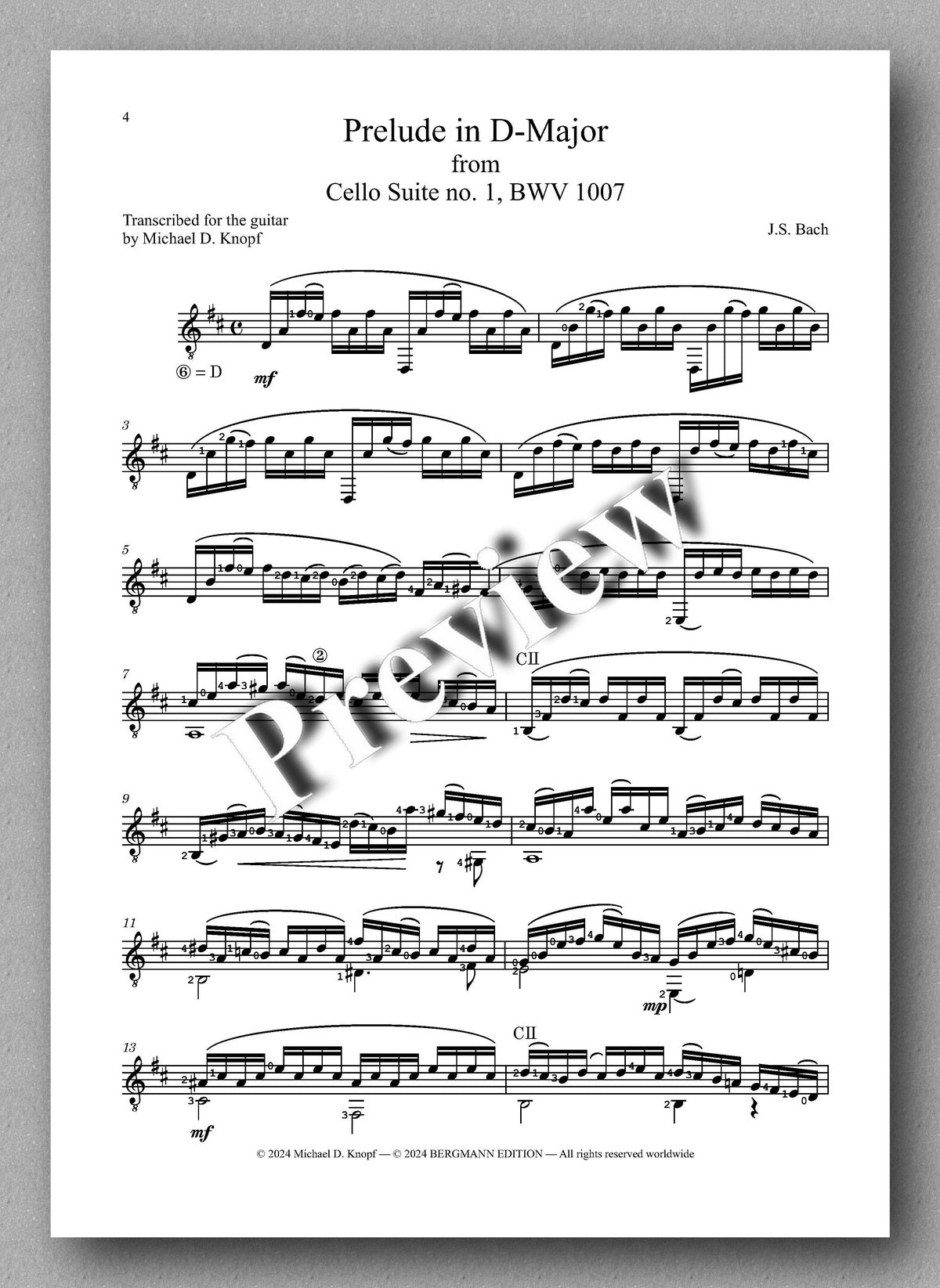 J.S.Bach, Prelude in D-Major, BWV1007 - preview of the music score