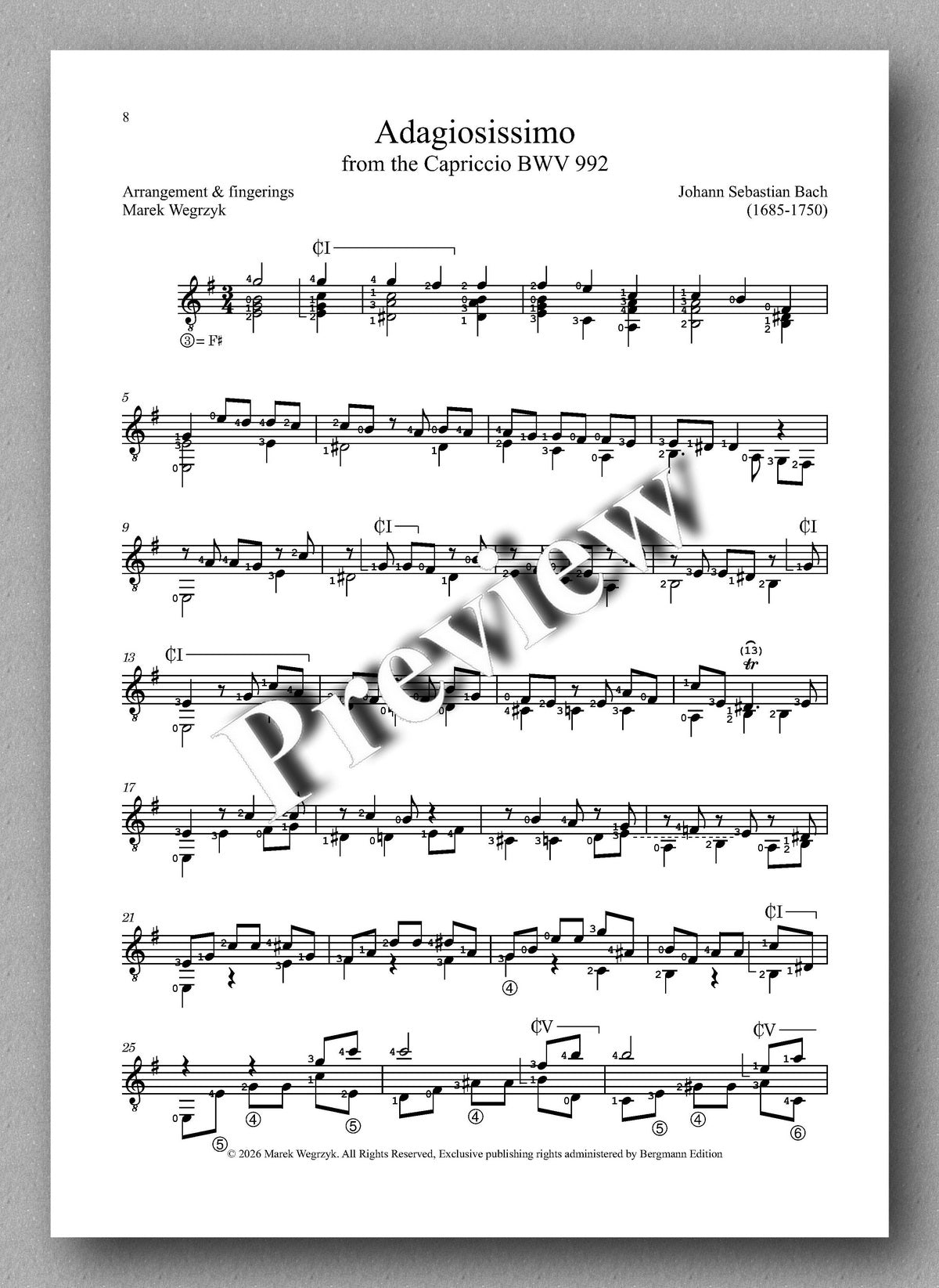 Sheet music for 'Adagiosissimo' from 'Capriccio BWV 992' by Johann Sebastian Bach with watermark text.