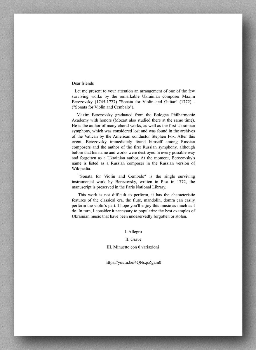 Maxim Berezovsky (1745-1777), Sonata - preview of the information sheet