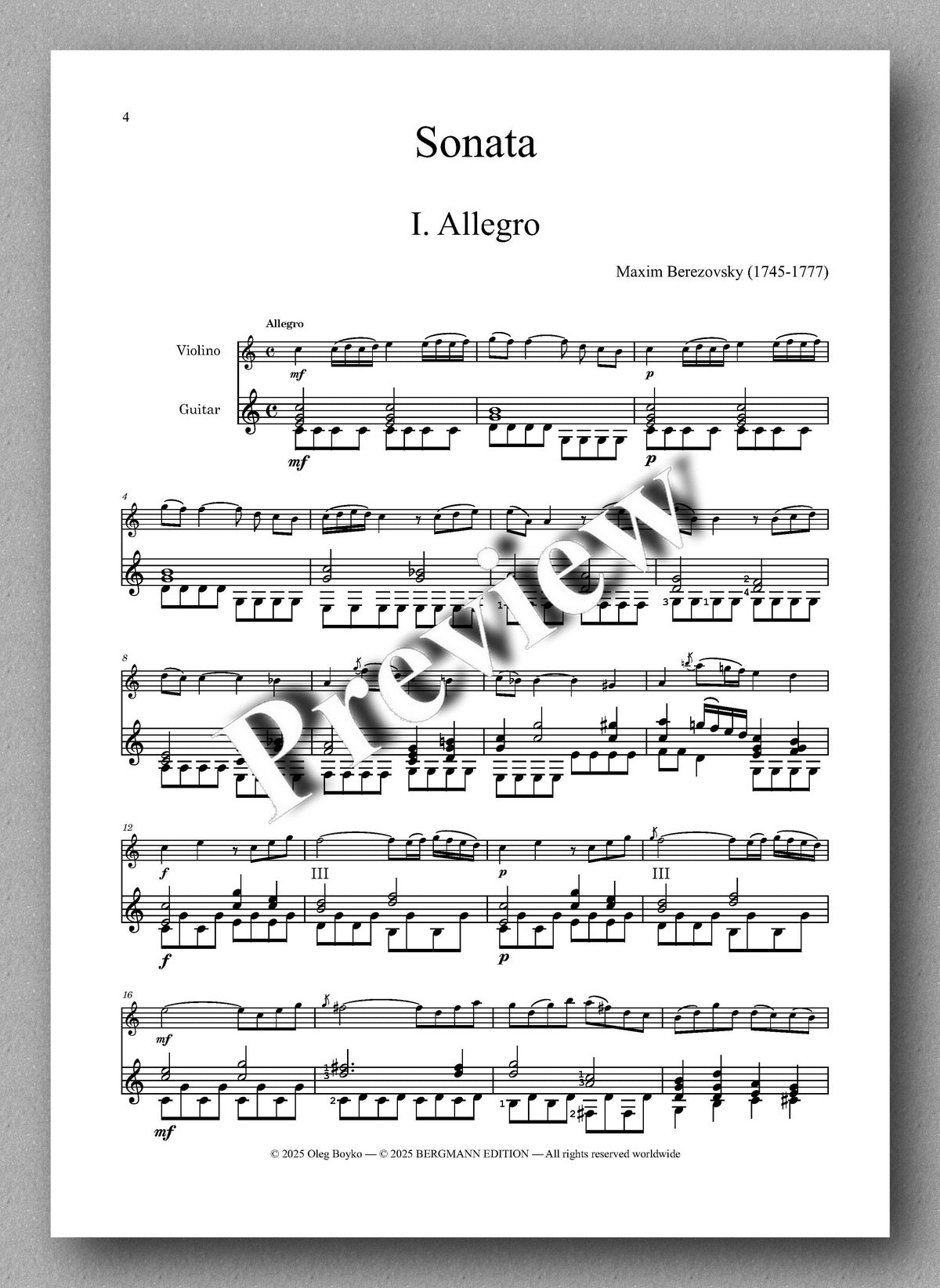 Maxim Berezovsky (1745-1777), Sonata - preview of the music score 1
