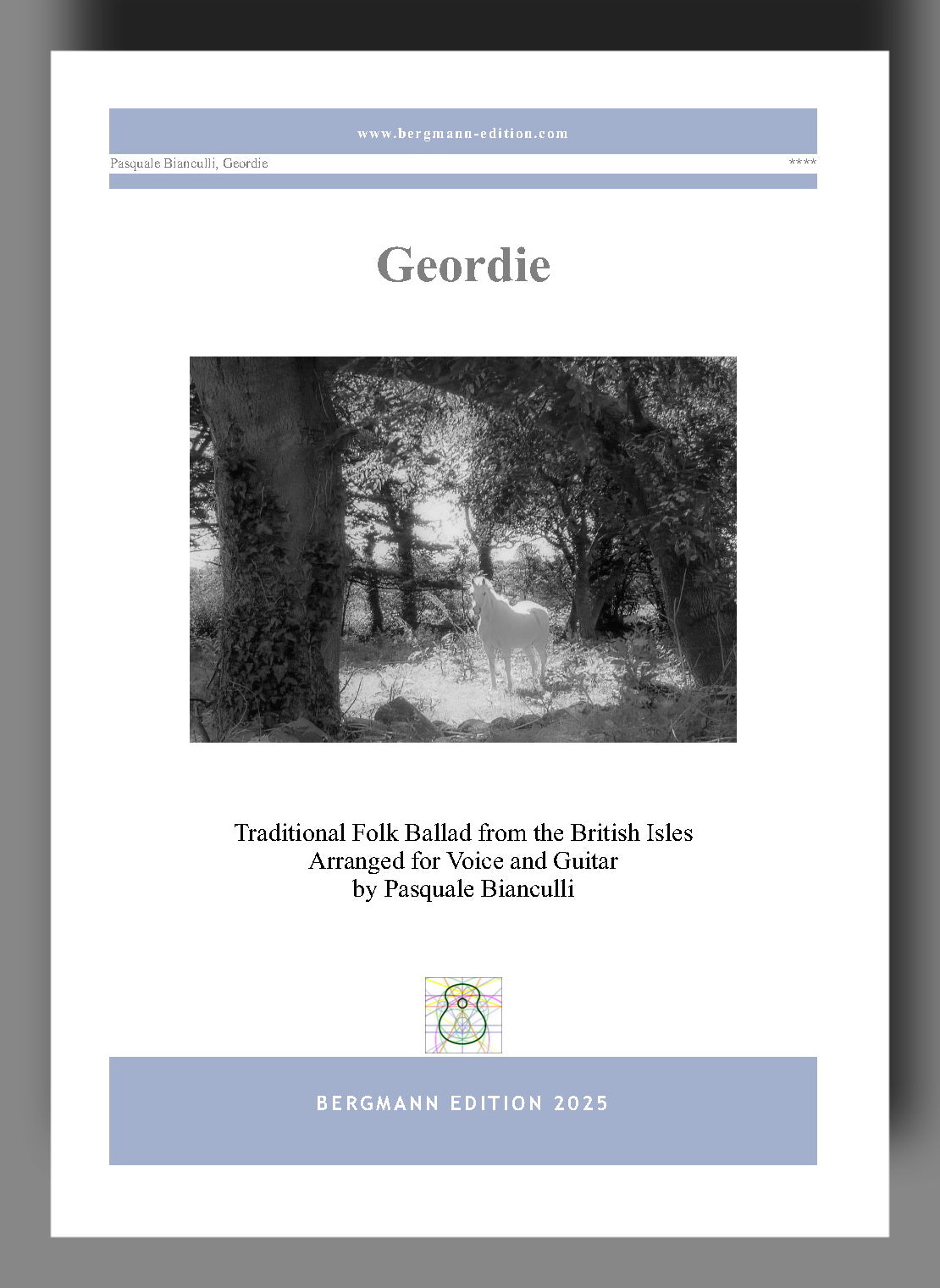 Sheet music cover for 'Geordie' by Bergmann Edition 2025 with a photo of a white horse in a forest.