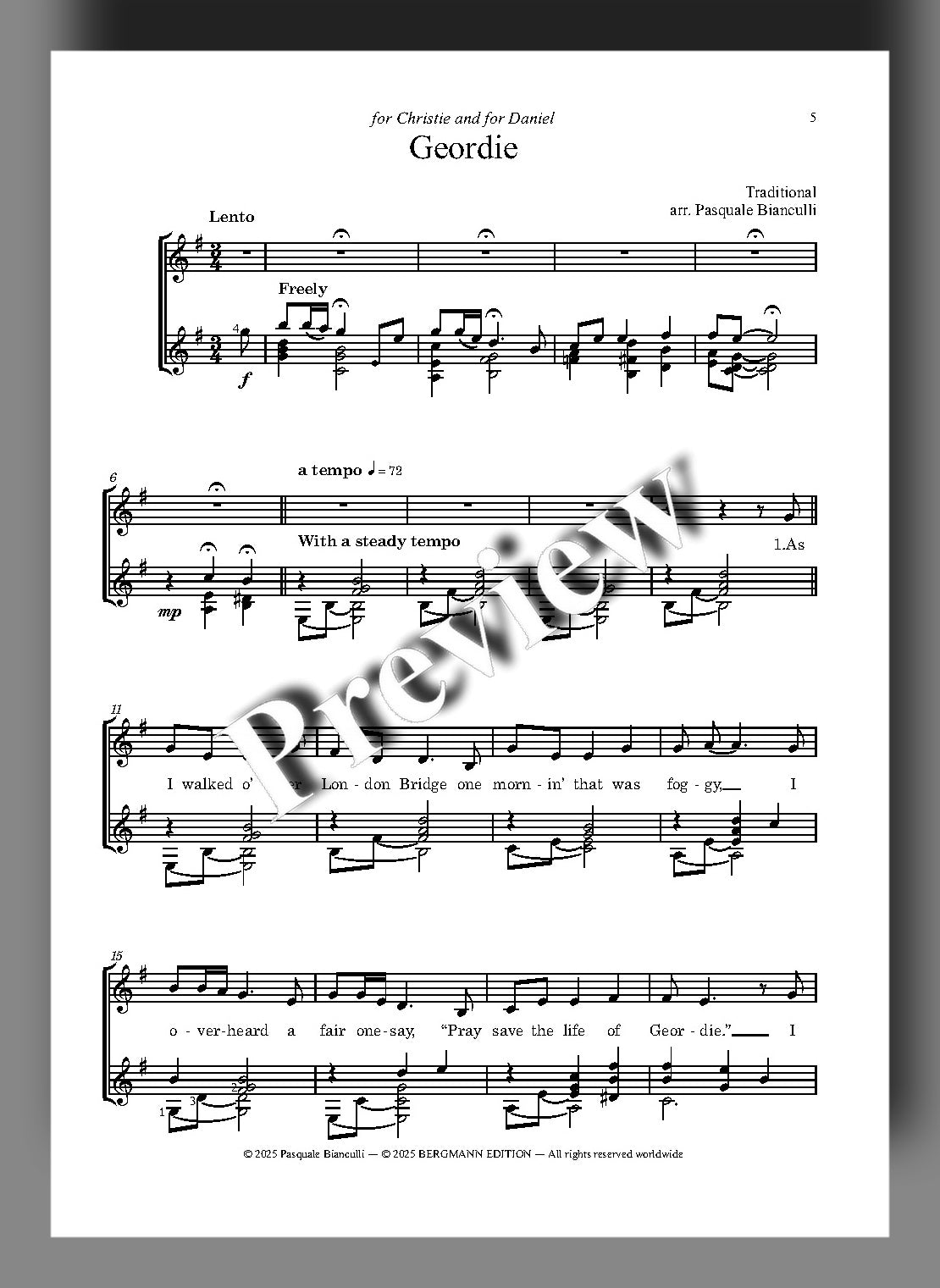 Sheet music for 'Geordie' arranged by Bianculli, with text and musical notation.