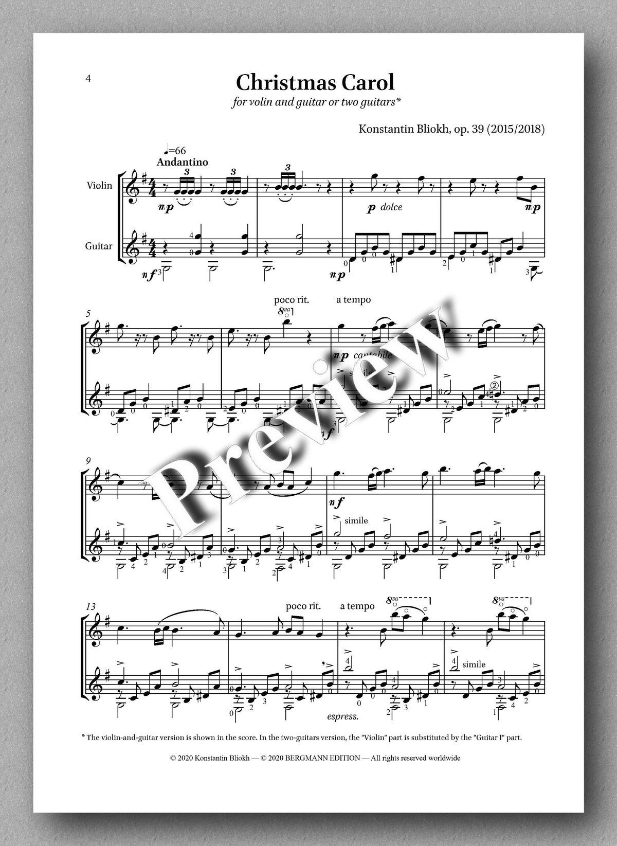 Konstantin Bliokh, Christmas Carol, op. 39 - music score