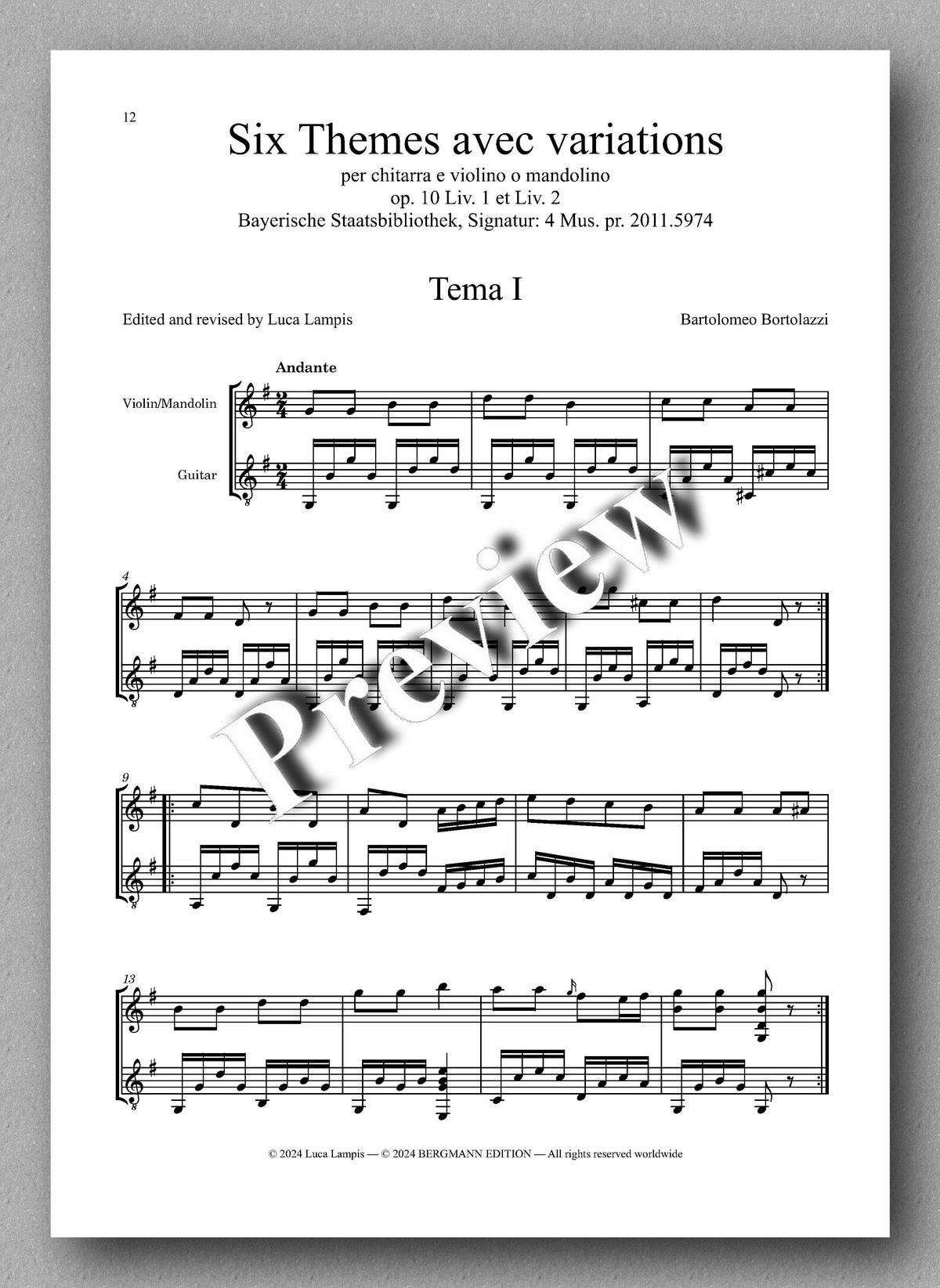 Bartolomeo Bortolazzi, Six Themes avec variations - preview of the music score 1