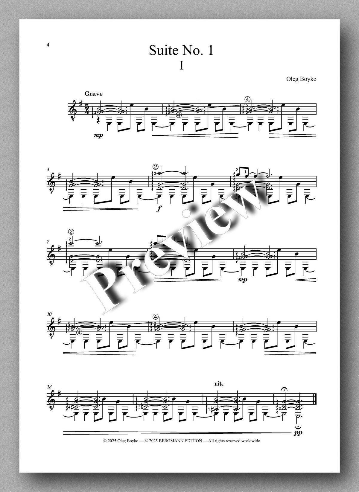 Sheet music for 'Suite No. 1' by Oleg Brycko with a 'Preview' watermark on a gray background.