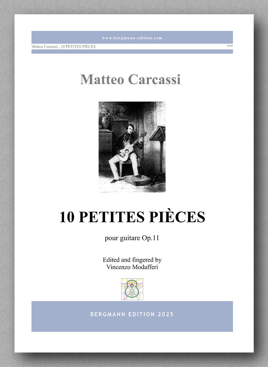 Sheet music cover for '10 Petites Pieces' by Matteo Carcassi with a portrait of a man playing guitar on a gray background.