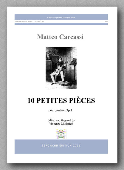 Sheet music cover for '10 Petites Pieces' by Matteo Carcassi with a portrait of a man playing guitar on a gray background.