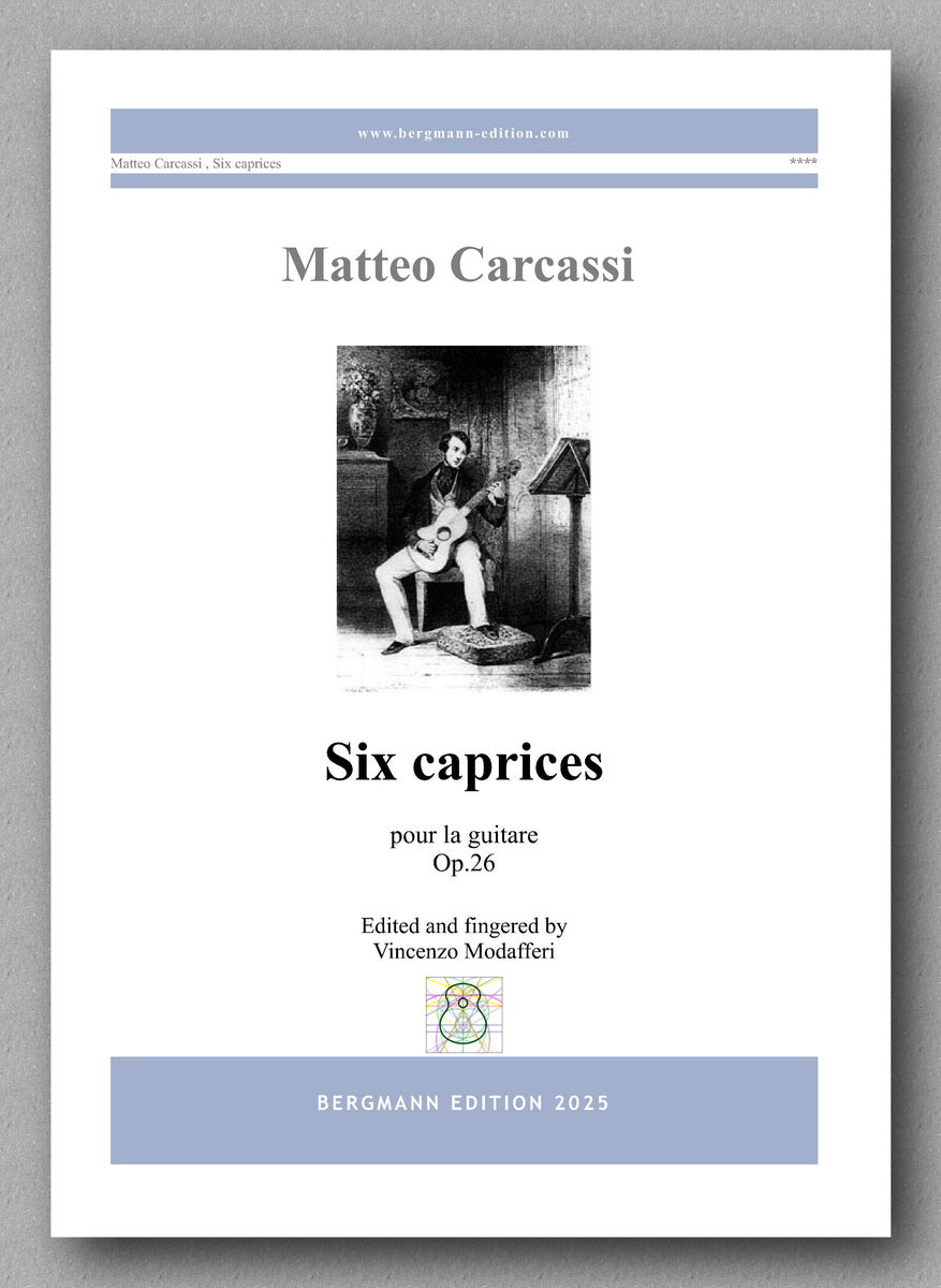 Sheet music cover for 'Six caprices' by Matteo Carcassi with a black and white photo of a person playing guitar.
