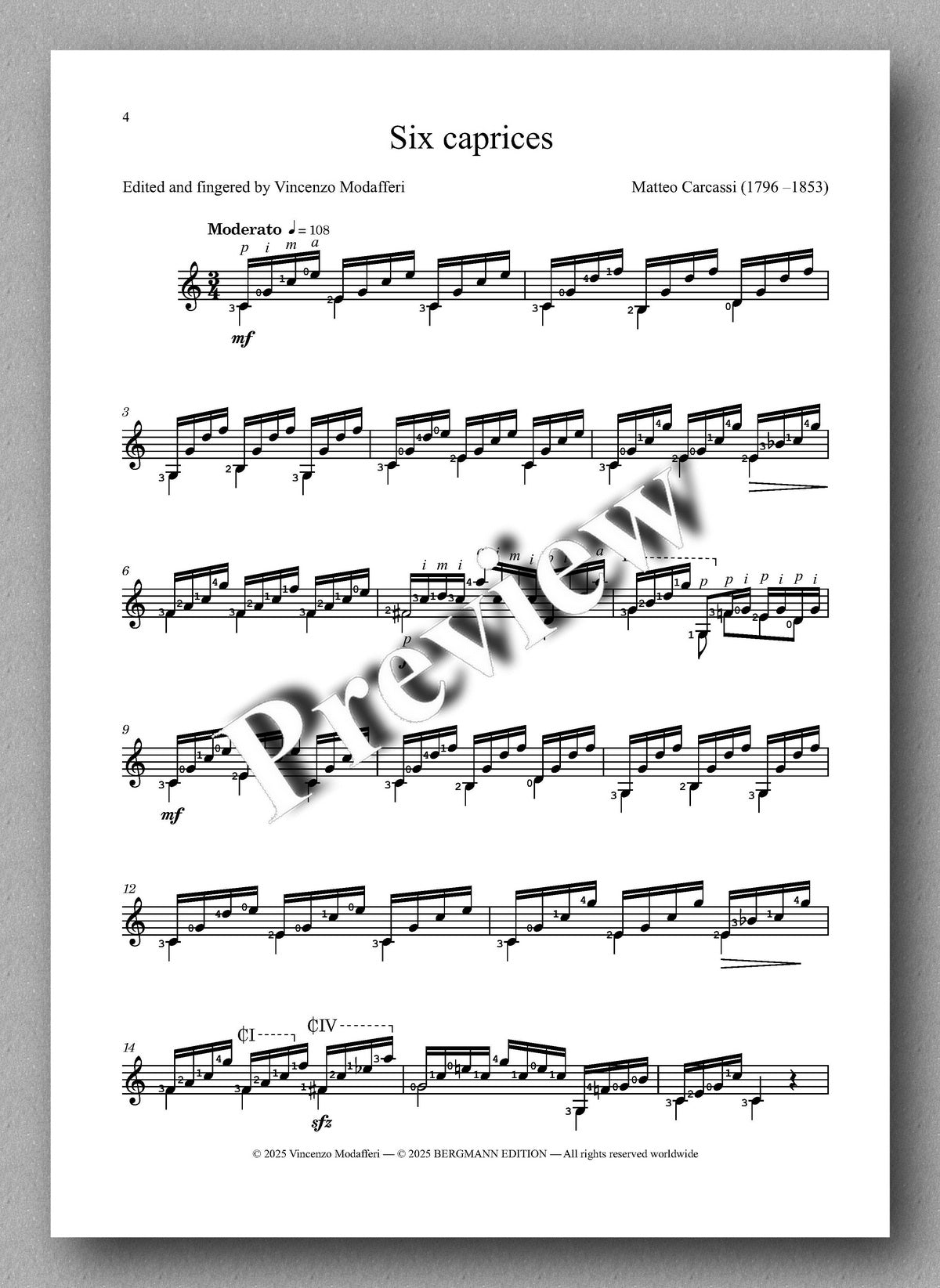 Sheet music for 'Six caprices' with musical notation on a gray background