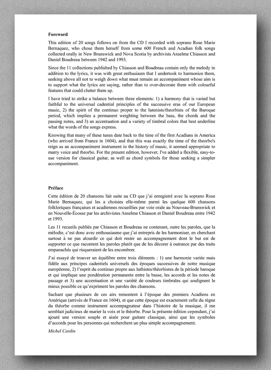 Michel Cardin, Chansons d’Acadie, vol. 2 - preview of the foreword