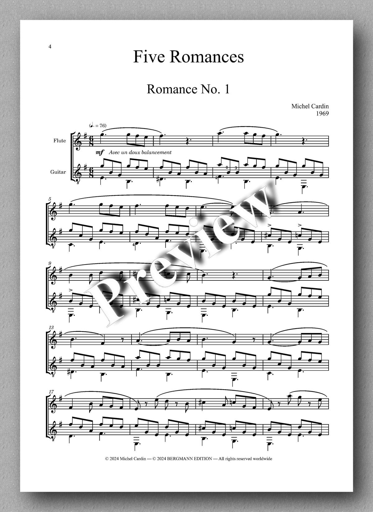 Michel Cardin, Five Romances - preview of the music score 1