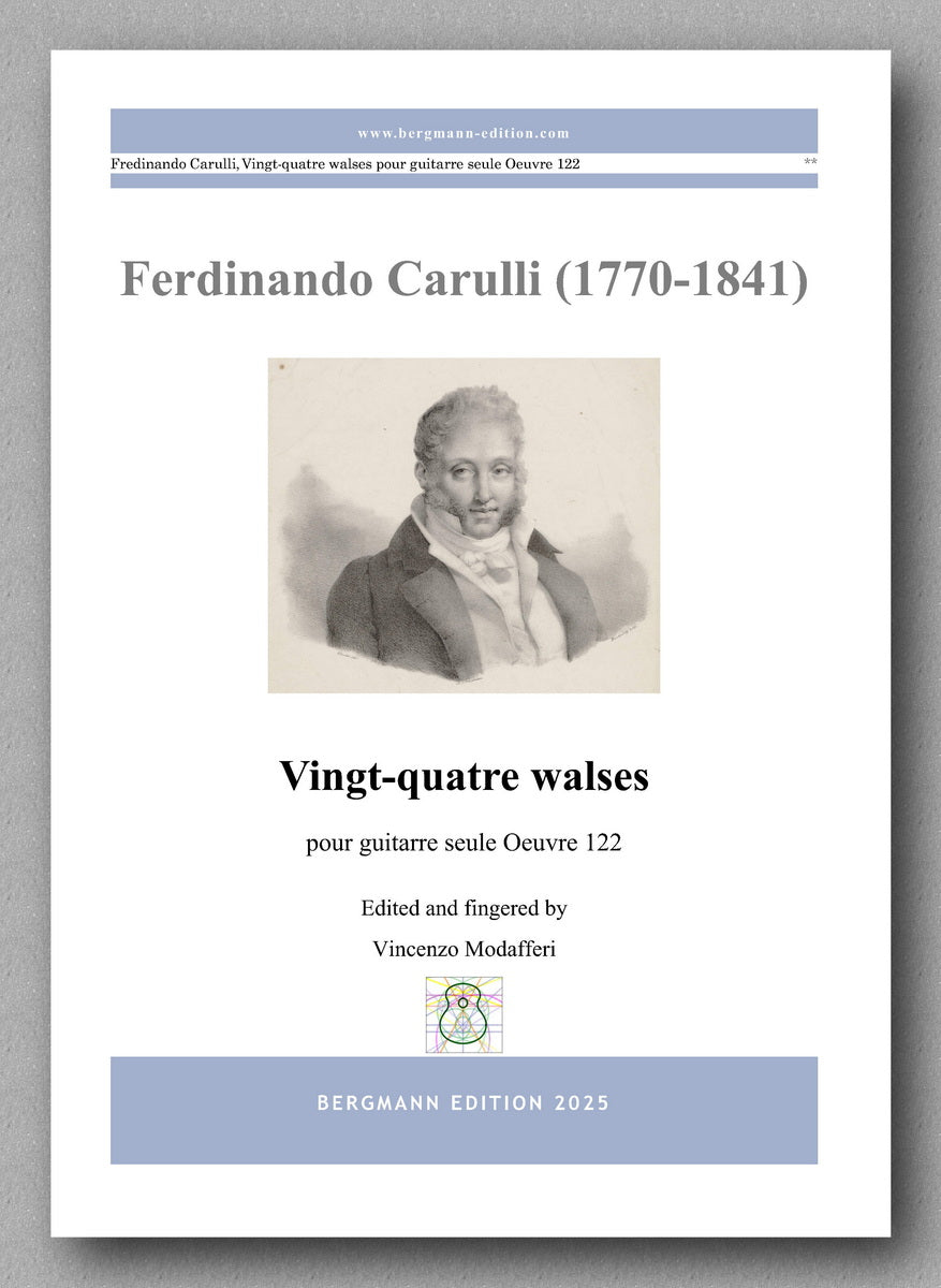 Sheet music cover for Ferdinando Carulli's 'Vingt-quatre walses' with a portrait of the composer on a gray background.