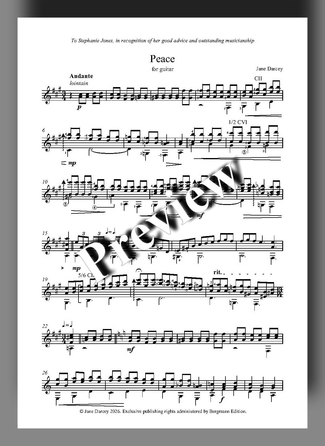Sheet music for guitar with the title 'Peace' by Jane Darcy with a preview watermark.