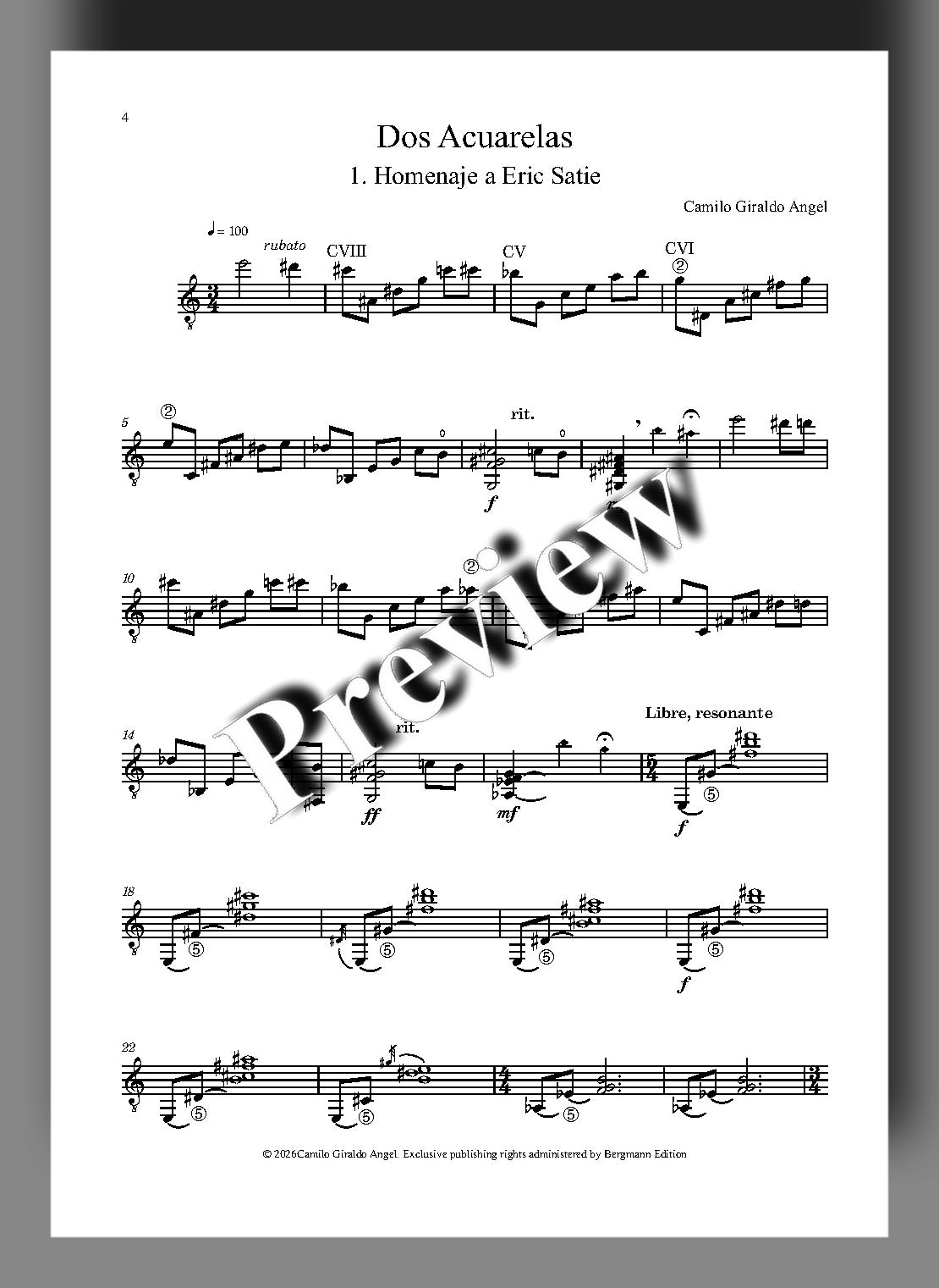 Sheet music for 'Dos Acuarelas' by Camilo Giraldo Angel with a 'Preview' watermark.